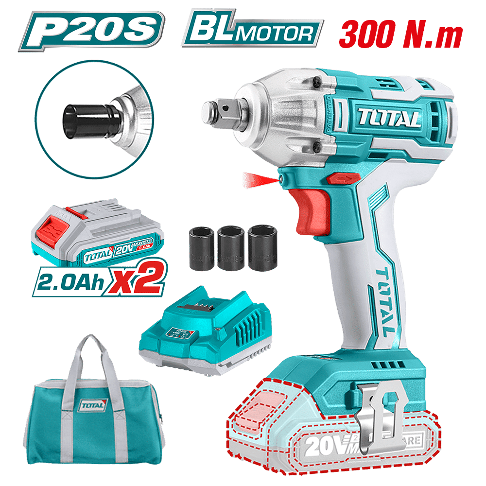 LLAVE IMPACTO BRUSHLESS 20V 300NM 1/2'' 3300BPM 2X2.0AH M/TELA INDUSTRIAL