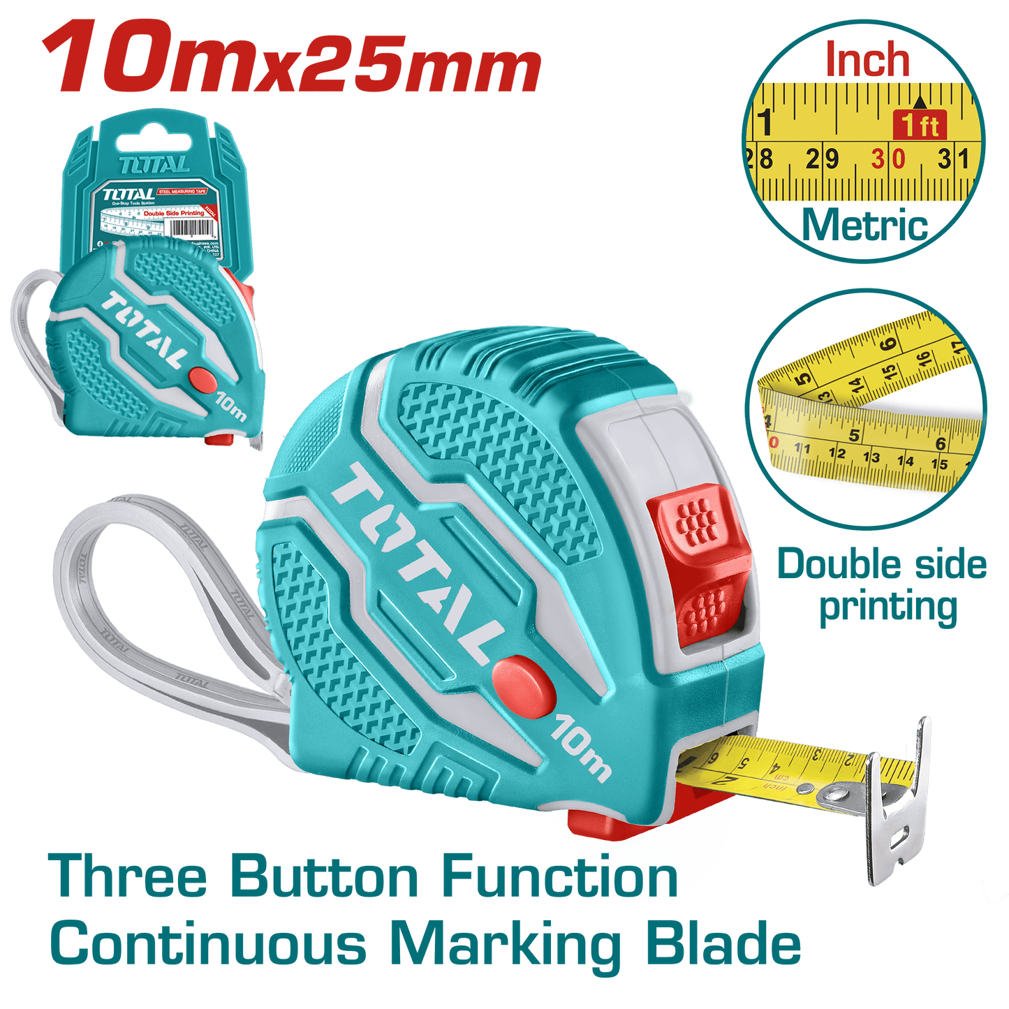 CINTA METRICA DE ACERO/ABS 3 BOTONES DOBLE LADO 10MX25MM