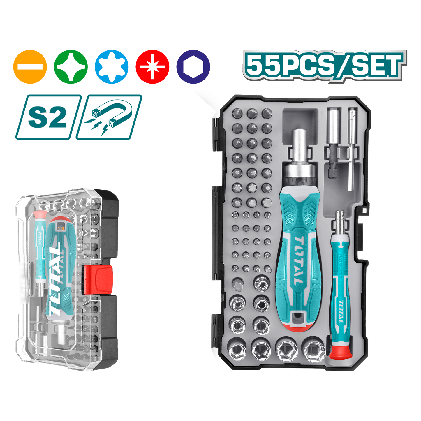 SET DESTORNILLADOR + PUNTAS 55PZS S2 MAGNETICO ESTUCHE INDUSTRIAL