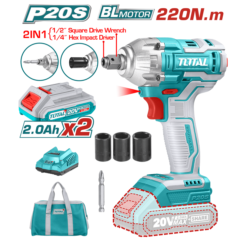 LLAVE/DESTORNILLADOR DE IMPACTO BRUSHLESS 20V 1/2'' 220NM 2X2.0AH MALETIN LONA