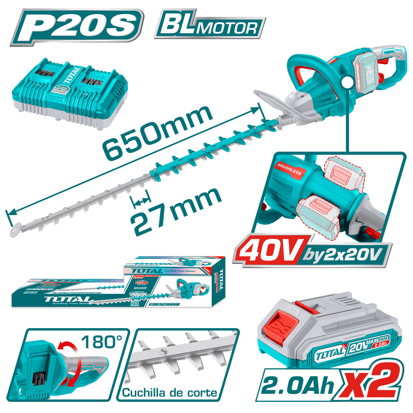 CORTASETOS LI-ION 40V 3600SPM 65CM C:27MM 2X2.0AH MANGO 180º INDUSTRIAL