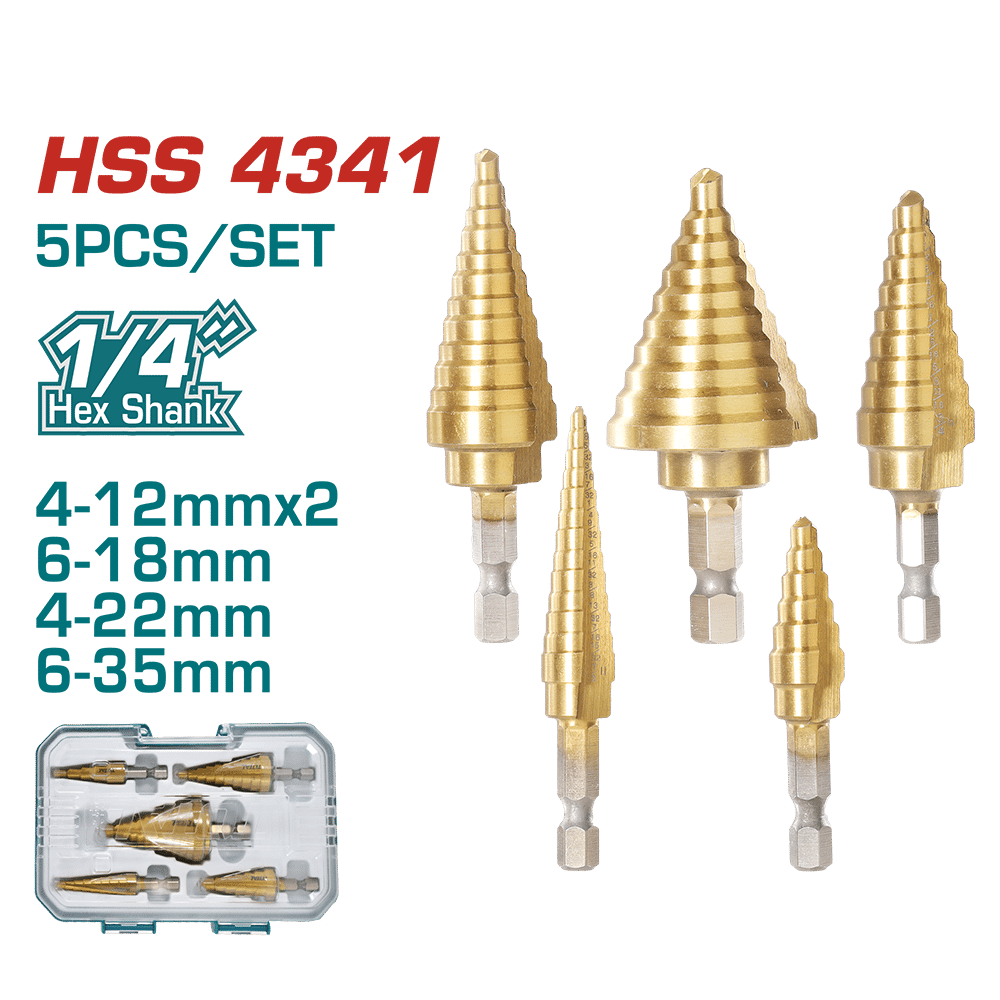 SET BROCAS ESCALONADAS 1/4'' HEX HSS 4341 4-35MM 5PZS/SET INDUSTRIAL