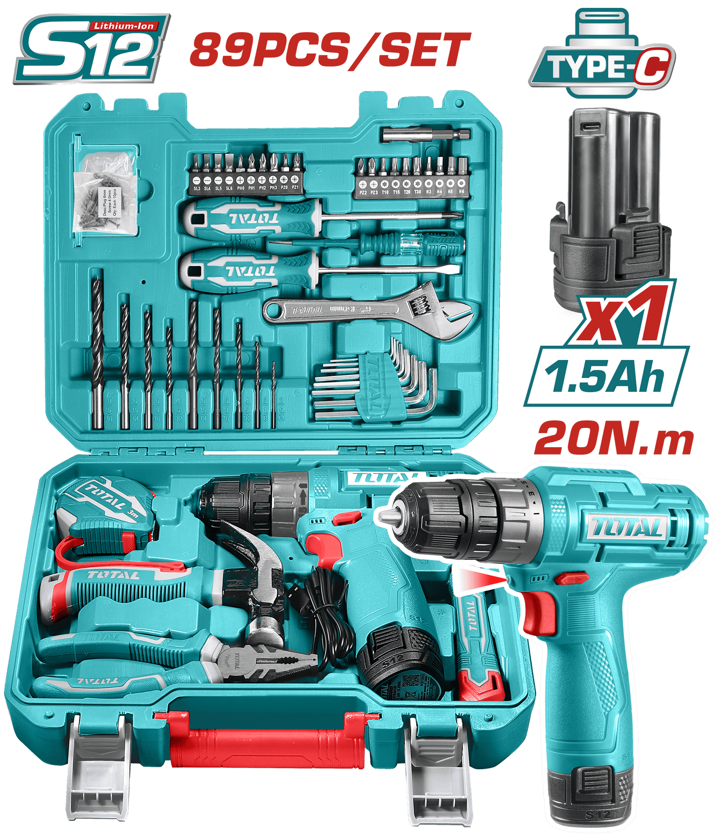 COMBO TALADRO 12V TIPO-C 20NM 1X1.5AH + HERRAMIENTAS MALETIN (89PCS)