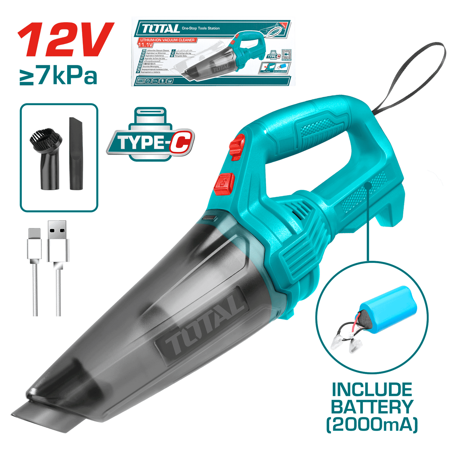 ASPIRADORA TIPO-C 0.5L 12V 7KPA BATERIA ISR18650-2000MAH