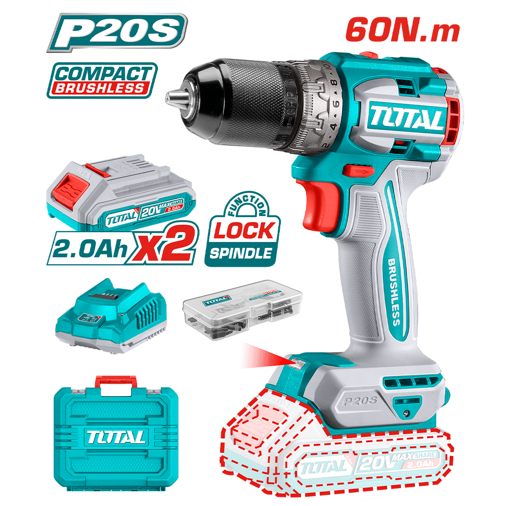 TALADRO 20V 60NM 13MM 22+1 2X2.0AH COMPACTO BRUSHLESS +ACC Y MALETIN INDUSTRIAL