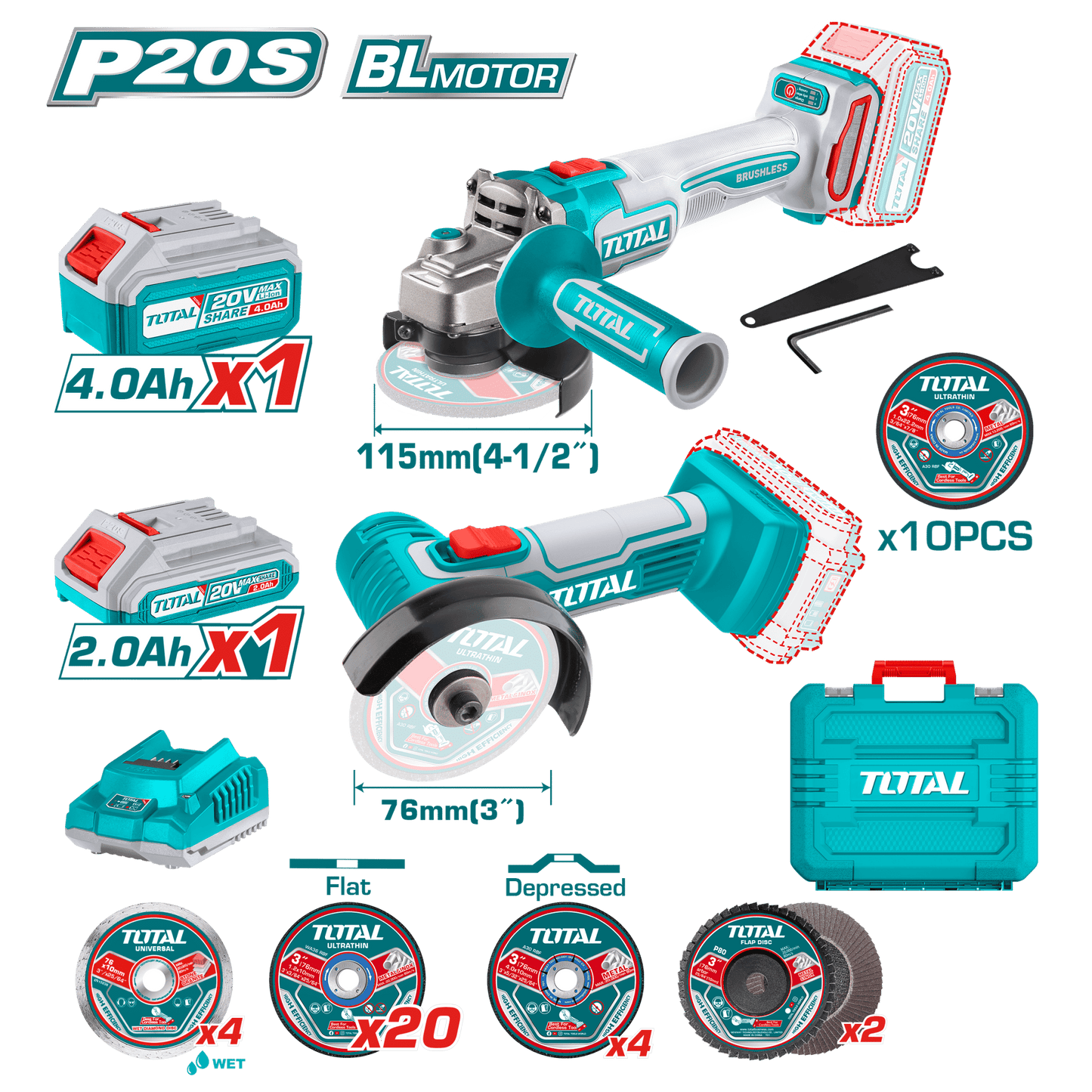 SET AMOLADORA ANGULAR + AMOLADORA RECTA 20V 4.5" 115MM 9000RPM M14