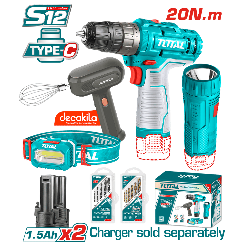 SET TALADRO + BATIDORA + LINTERNA + LAMPARA LI-ION 12V 0.8-10MM 0-1500RPM 20NM