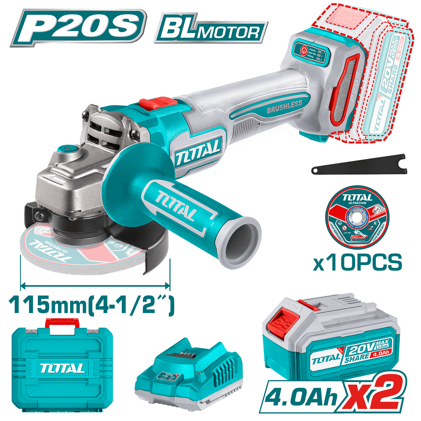 AMOLADORA 20V BRUSHLESS 3000-9000RPM 115MM M14 900W 2X4.0AH + MALETIN