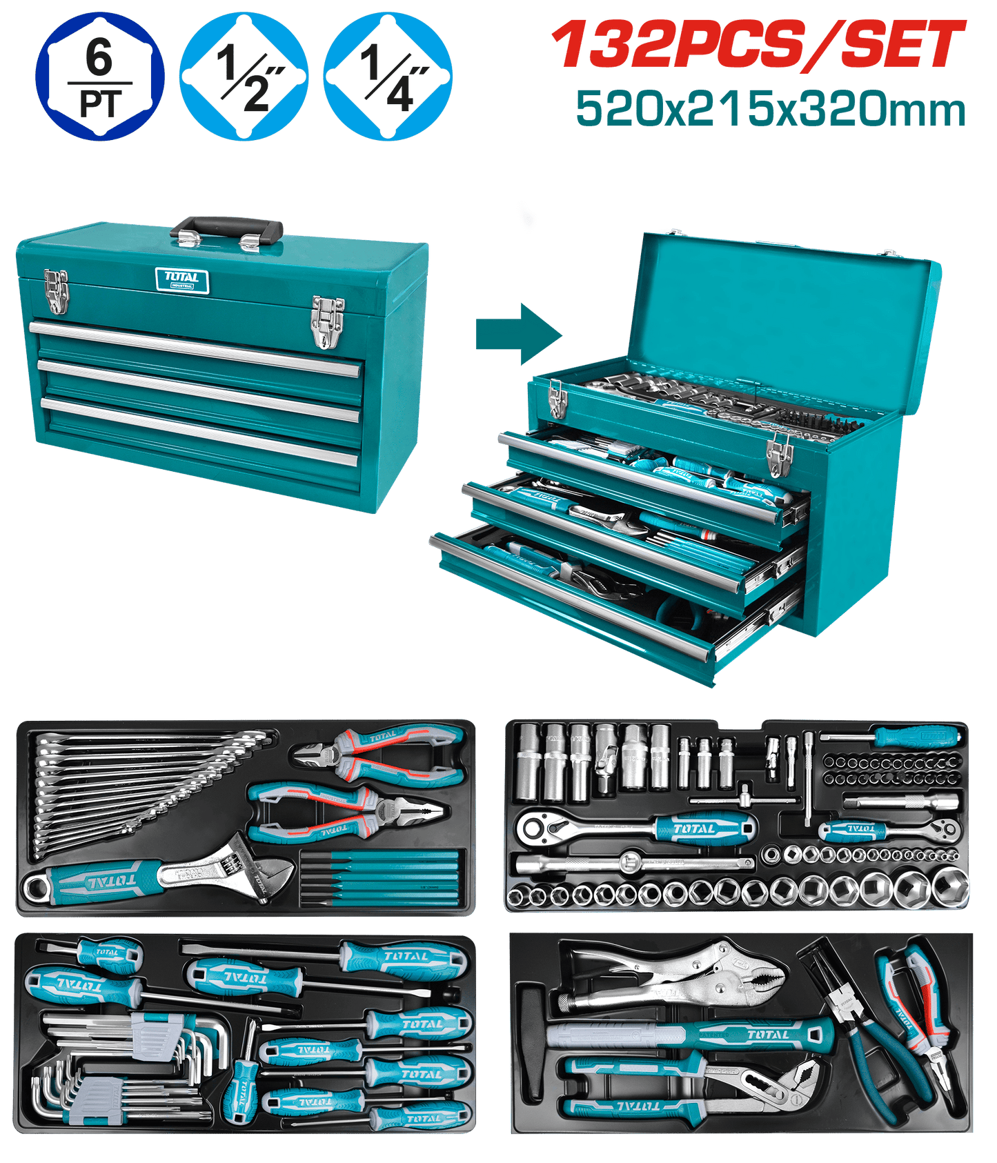 SET HERRAMIENTAS 132 PZS MALETA DE ALUMINIO 4 NIVELES PORTATIL INDUSTRIAL