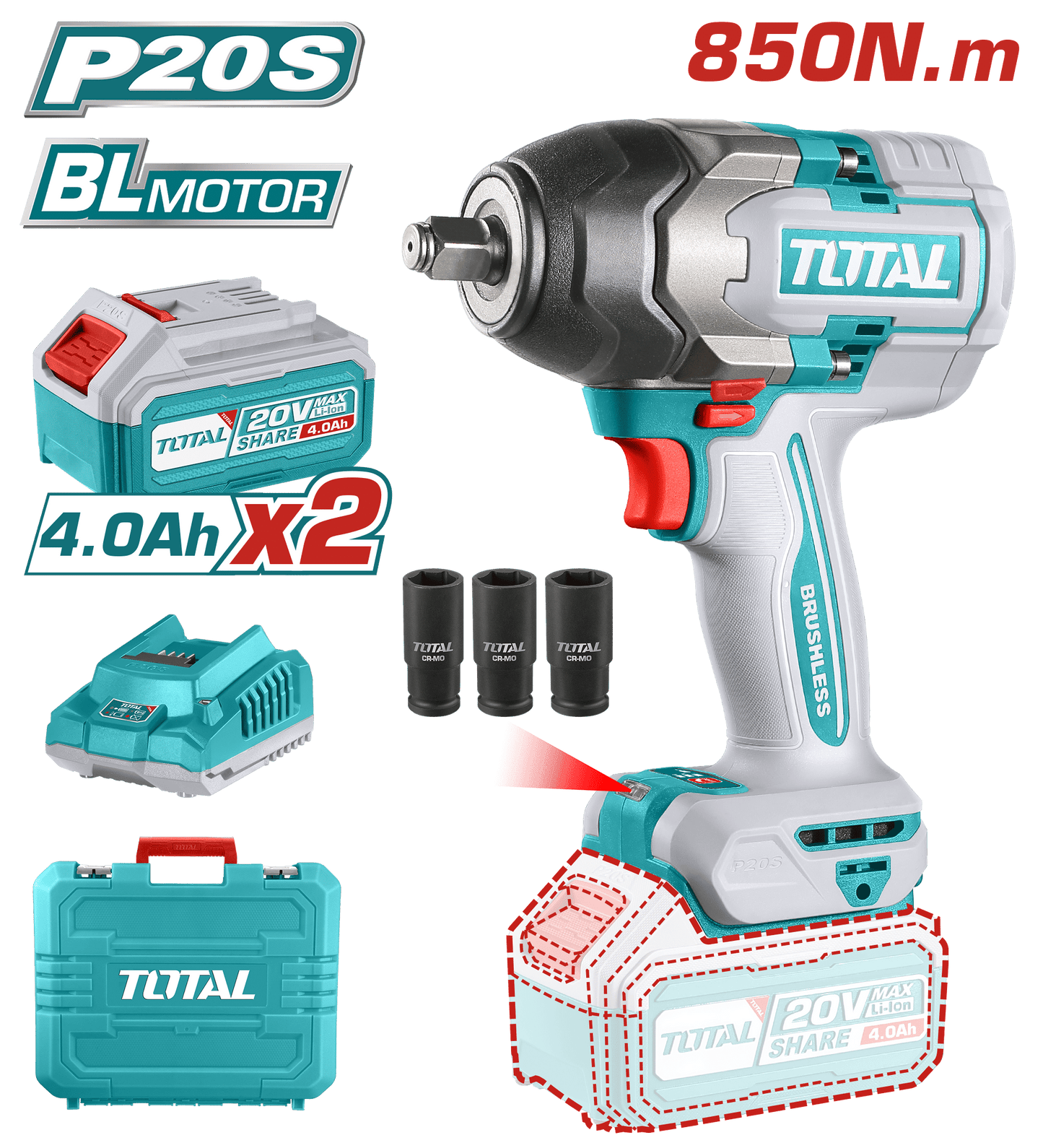 LLAVE IMPACTO BRUSHLESS 20V 850NM 1/2'' 2200BPM BRUSHLESS 2X4.0AH MALETIN INDUSTRIAL