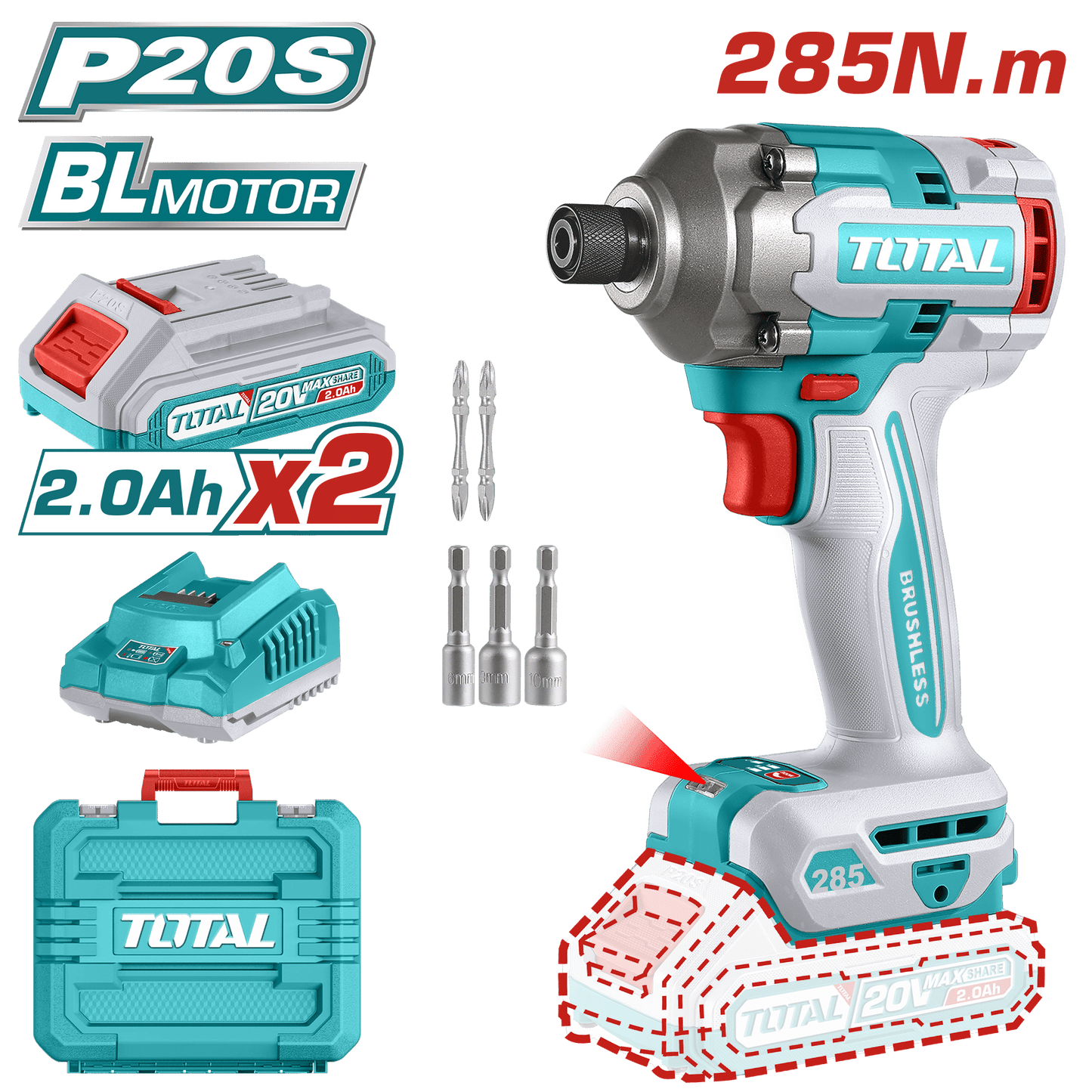 ATORNILLADOR IMPACTO 20V HEX:6.35 285NM 2X2.0AH 0-2900BPM BRUSHLESS MALETIN INDUSTRIAL