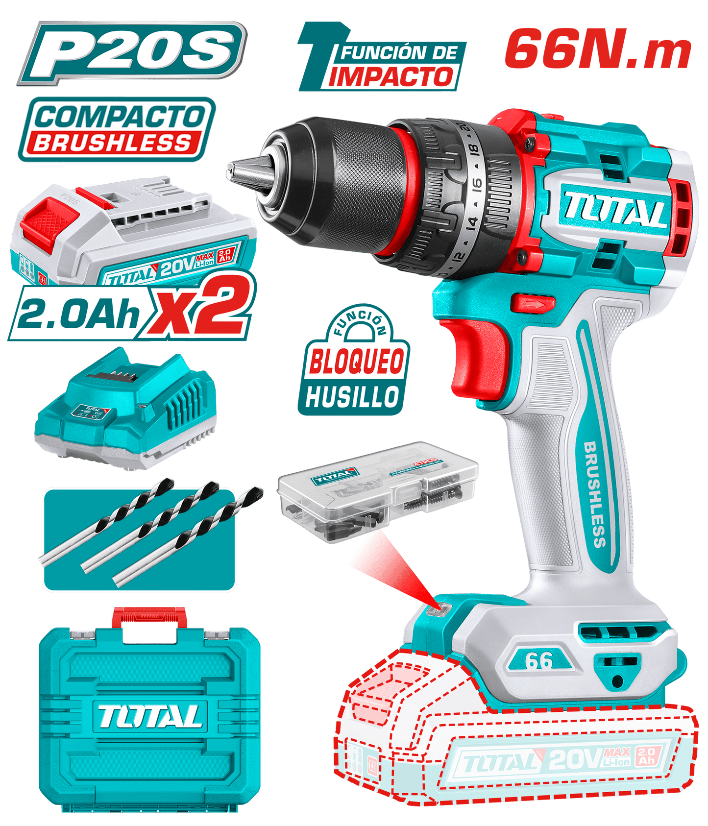 TALADRO PERCUTOR COMPACTO LI-ION 20V 66NM 13MM 2X2.0AH BRUSHLESS MALETIN INDUSTRIAL