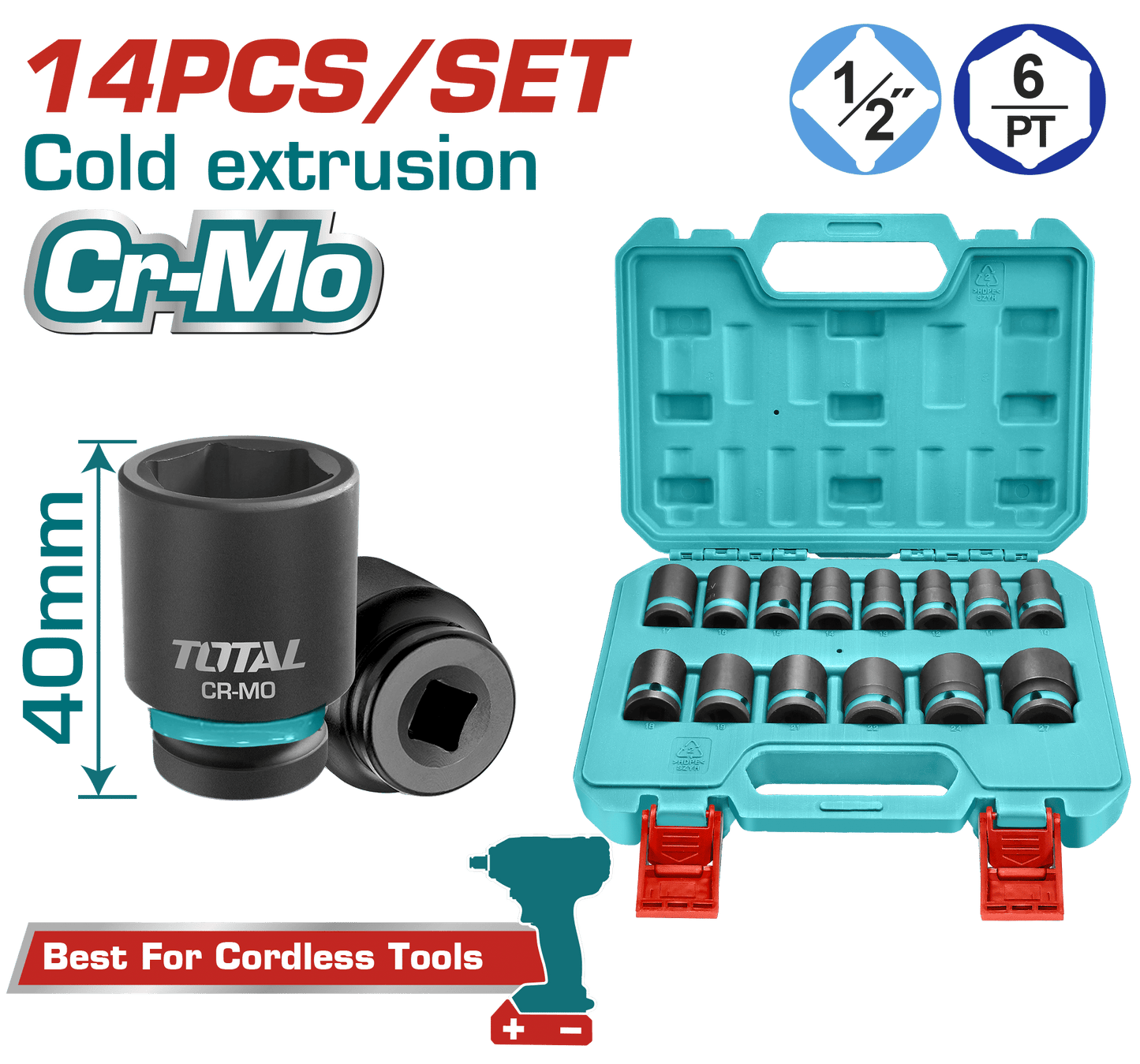 SET DADOS IMPACTO 1/2 PULG 14PCS 10-27MM CR-MO MALETIN INDUSTRIAL