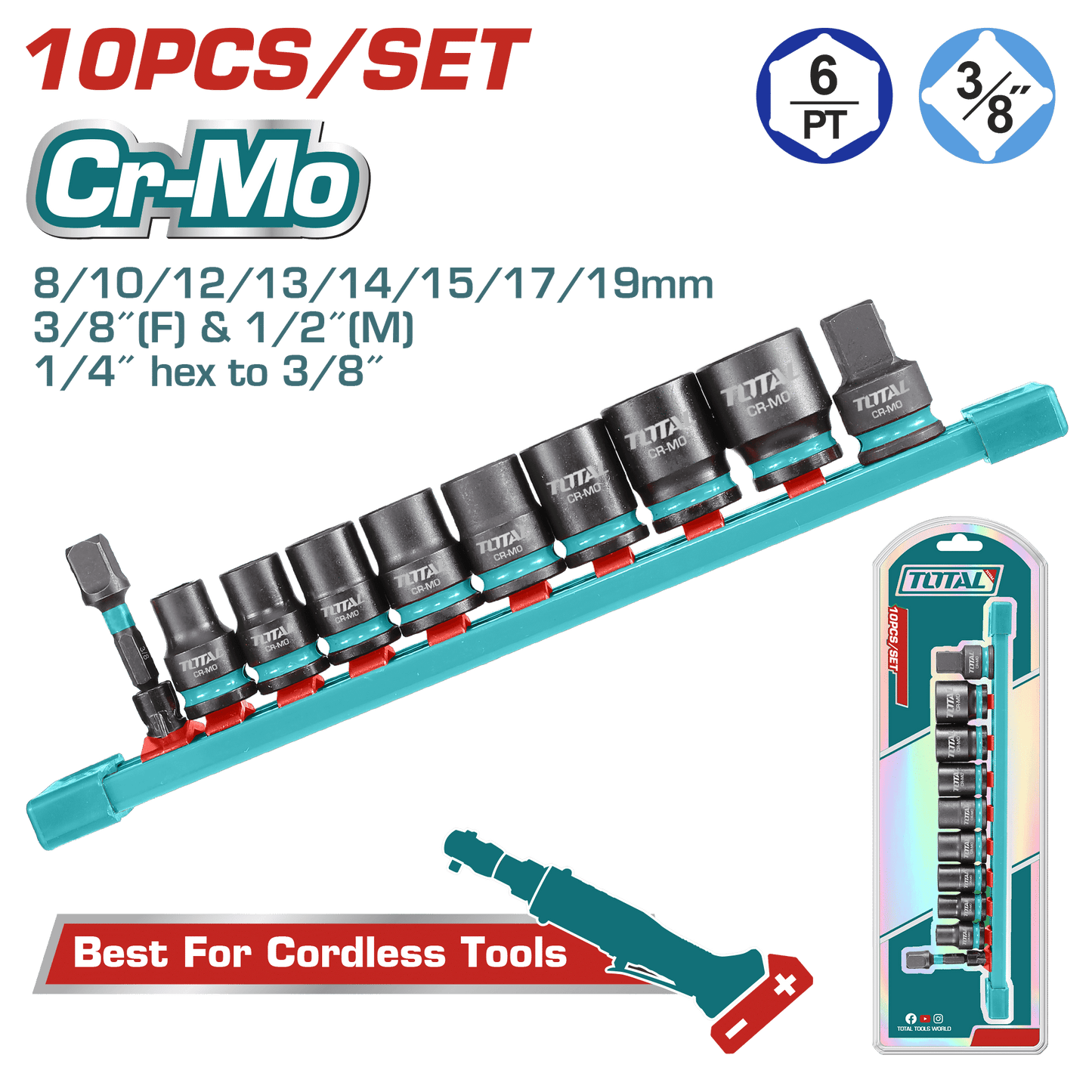SET SOCKETS IMPACTO 10PCS CR-MO 6/PT 3/8PULG BLISTER INDUSTRIAL