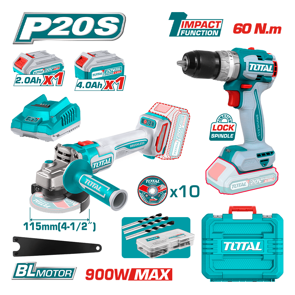 COMBO TALADRO 66NM + AMOLADORA 115M + ACCESORIOS 1X2.0AH + 1X4.0AH MALETIN INDUSTRIAL