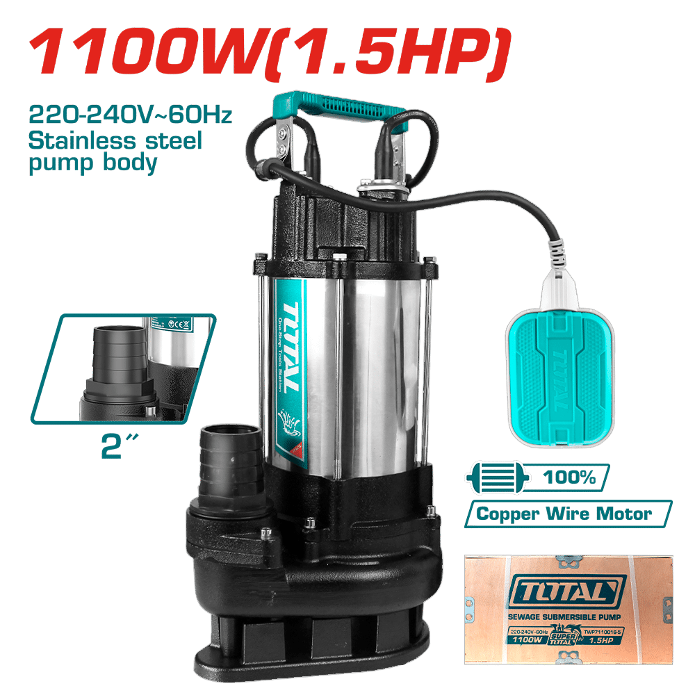 BOMBA SUMERGIBLE A/RECIDUAL AC INOX 1100W(1.5HP) H:15M C:366L/MIN S:2PULG