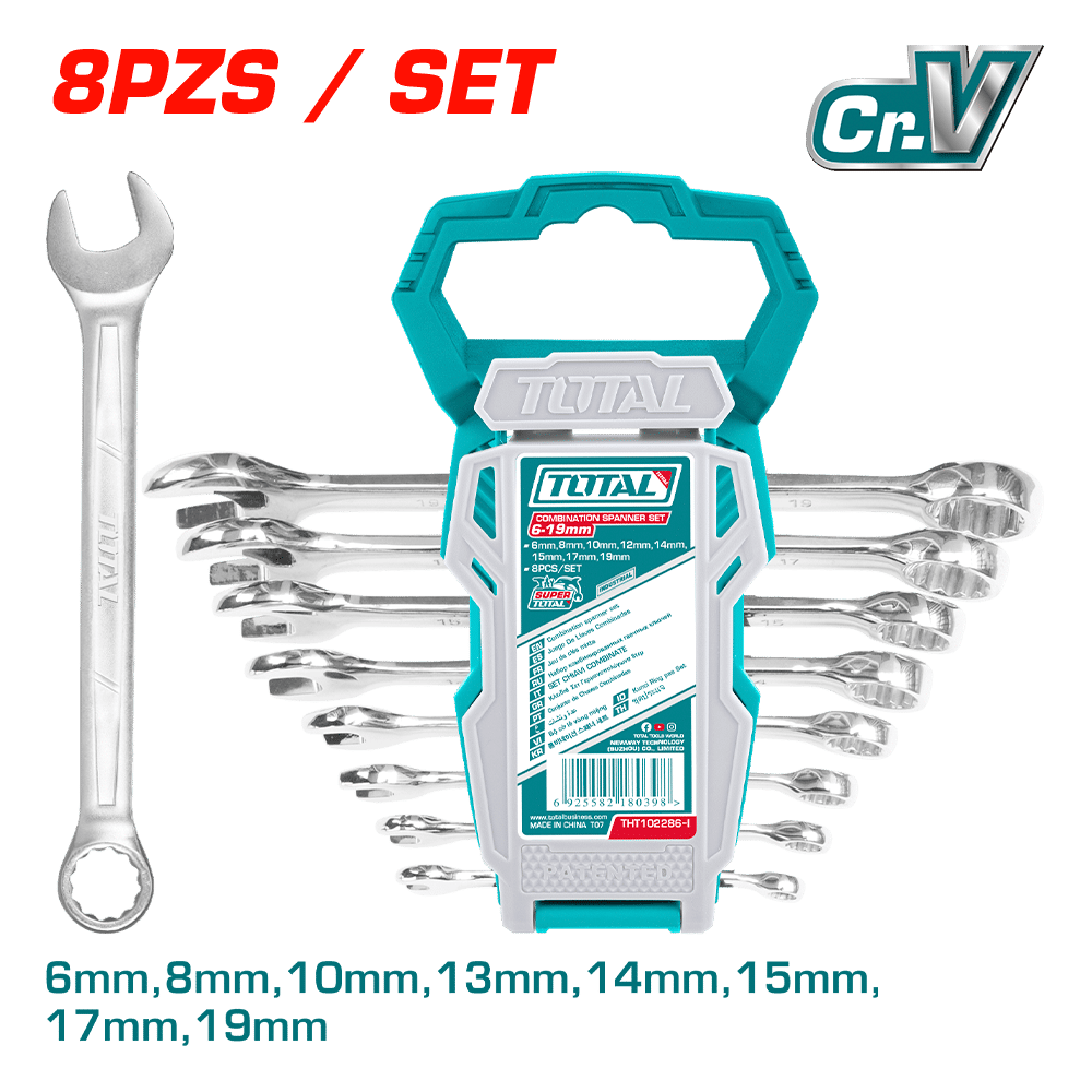 SET LLAVES COMBINACION 08PCS CR.V 6-19MM COLGADOR PLASTICO INC:13MM INDUSTRIAL