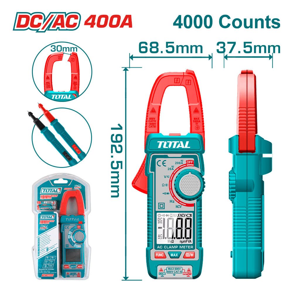 PINZA AMPERIMETRICA DC/AC 400A 4000 CONTEOS A:30MM INDUSTRIAL