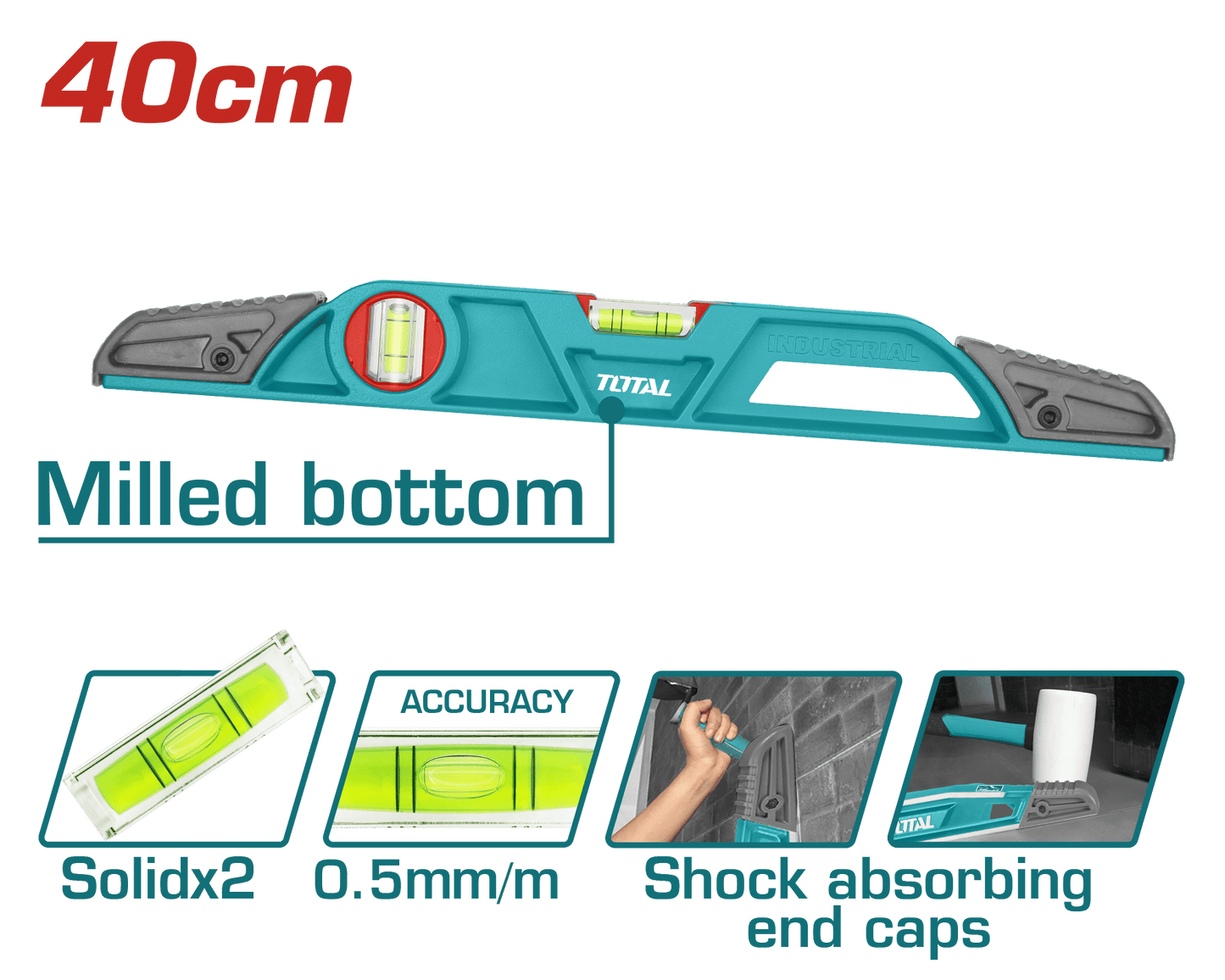 NIVEL BURBUJA HD 40CM B:2 ALUMINIO PRES:0.5MM ANTI-IMPACTO INDUSTRIAL