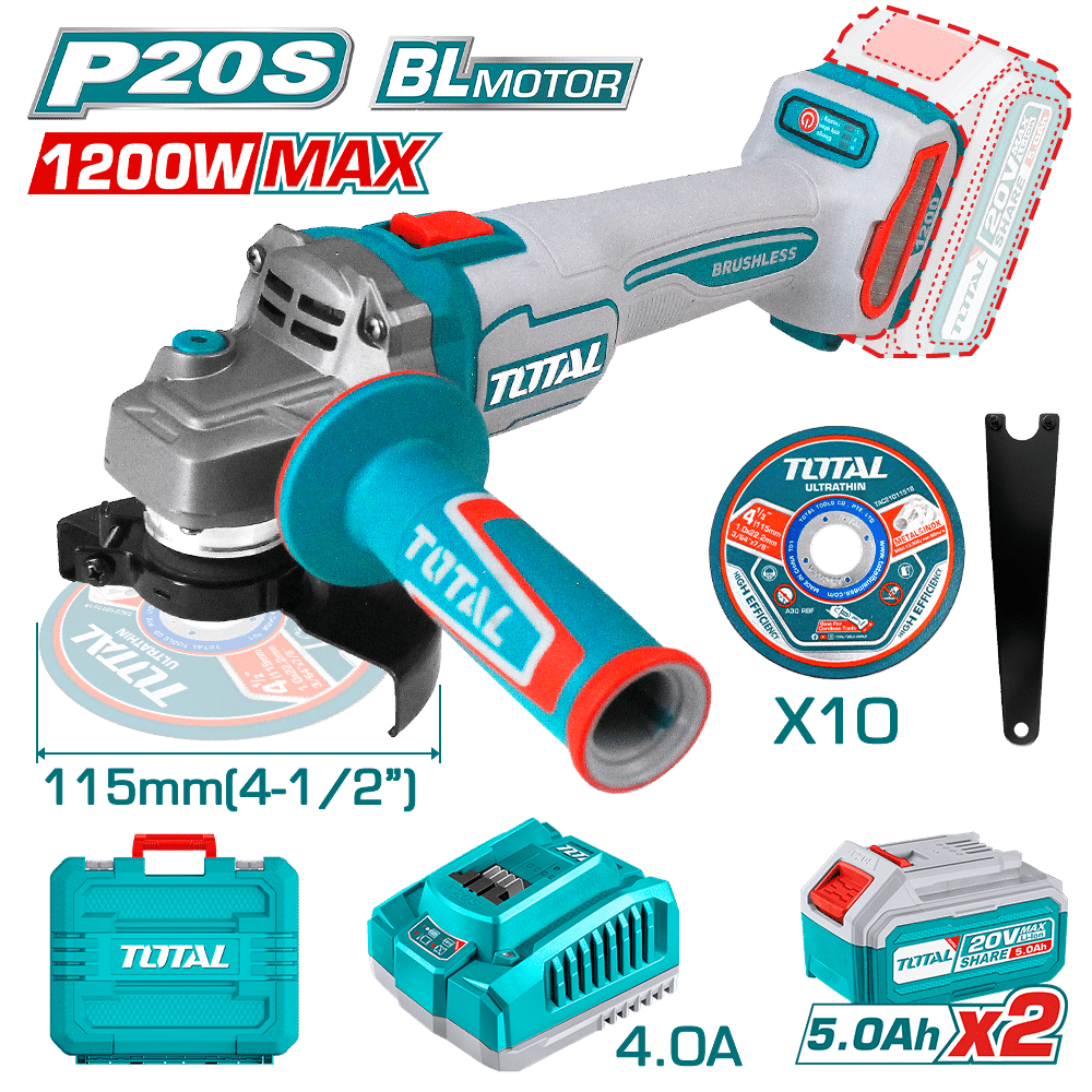 AMOLADORA 20V BRUSHLESS 3000-9000RPM 115MM M14 1200W/MAX 2X5.0AH INDUSTRIAL