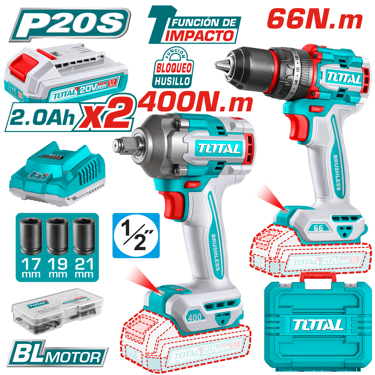 COMBO TALADRO PERCUTOR 66 N.M + LLAVE DE IMPACTO 400N.M 20V + ACC 2X2.0AH MALETIN INDUSTRIAL