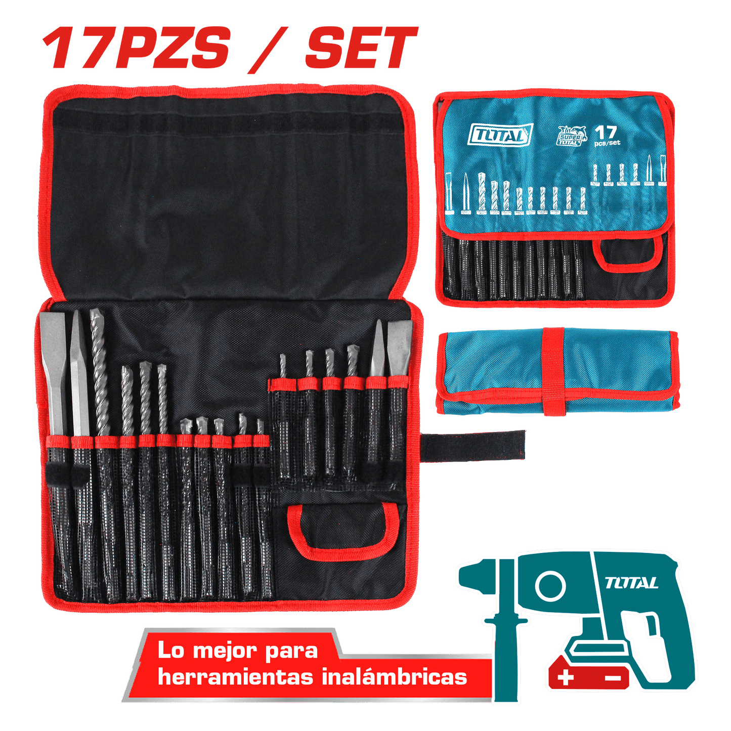 SET DE BROCAS + PUNTAS SDS PLUS 17PCS ESTUCHE LONA PROFESIONAL