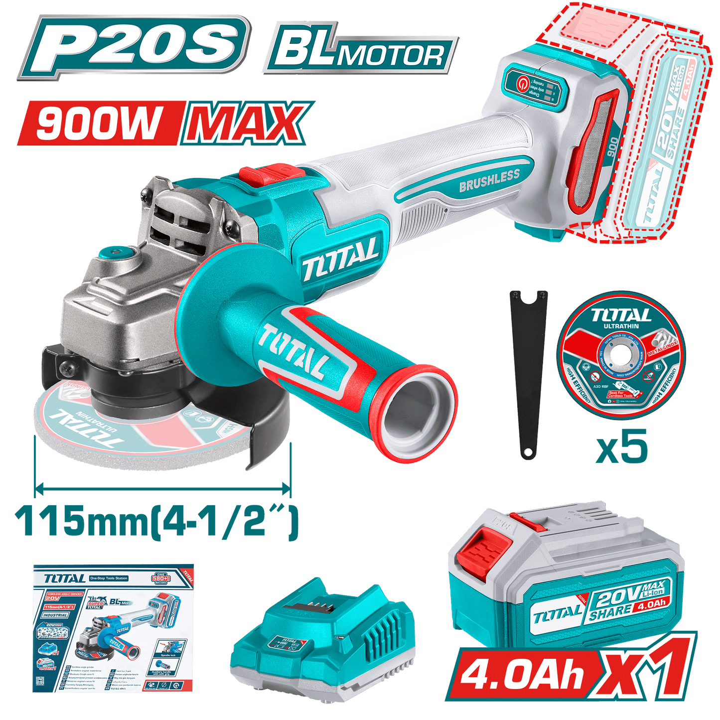 AMOLADORA 20V BRUSHLESS 3000-9000RPM 115MM M14 900W 1X4.0AH DISCO X5 INDUSTRIAL