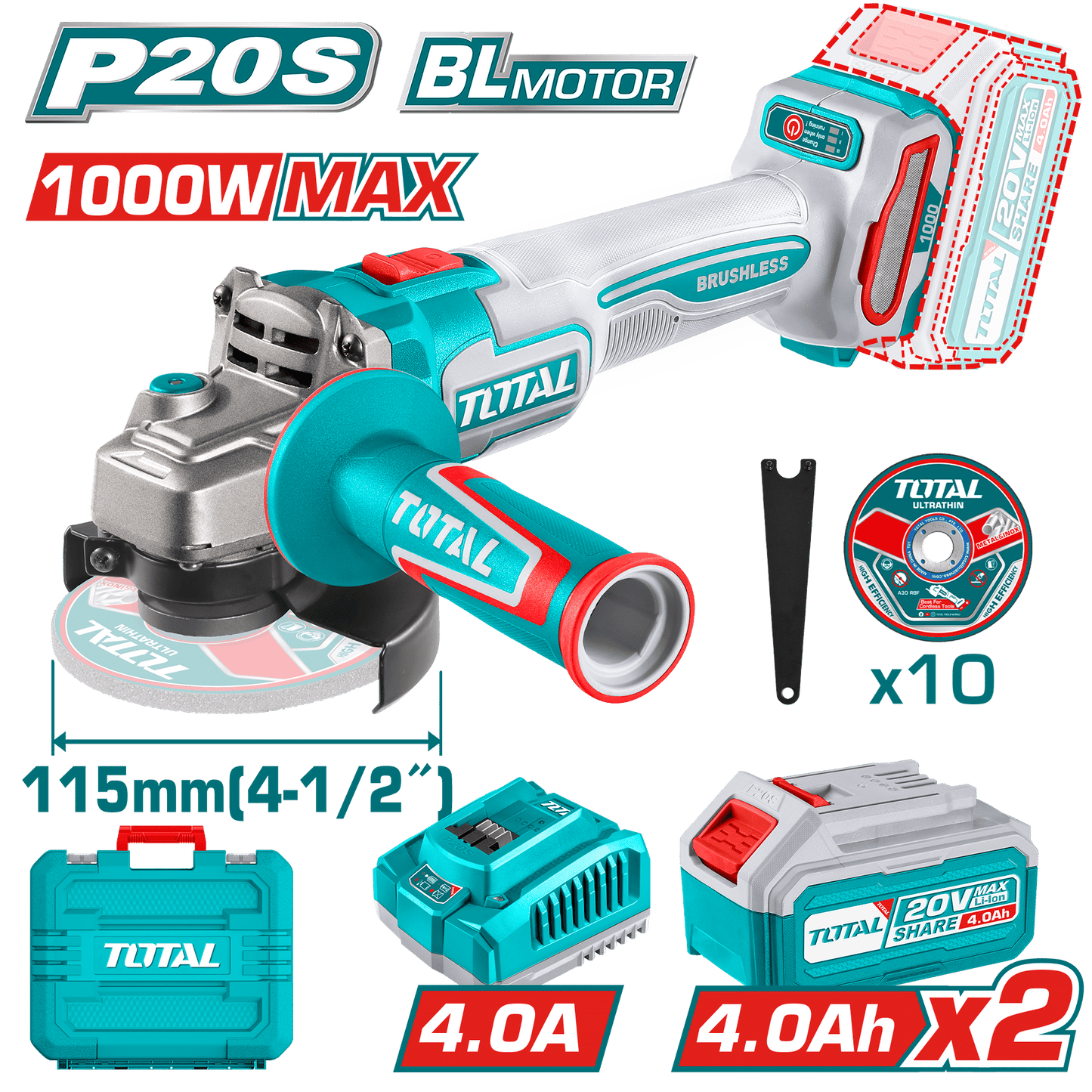 AMOLADORA 20V BRUSHLESS 3000-9000PRM 115MM M14 1000W/MAX 2X4.0AH INDUSTRIAL
