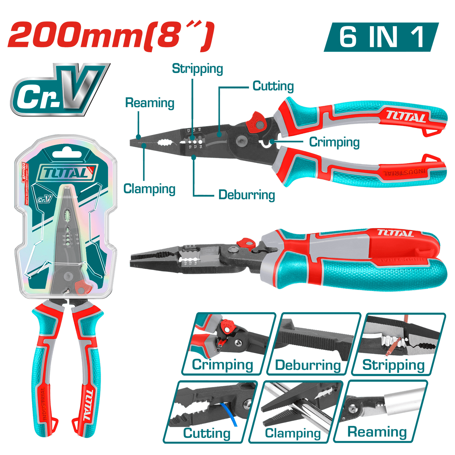 ALICATE DE COMBINACION 8'' 200MM (6 EN 1) CR-V+TEFLON INDUSTRIAL