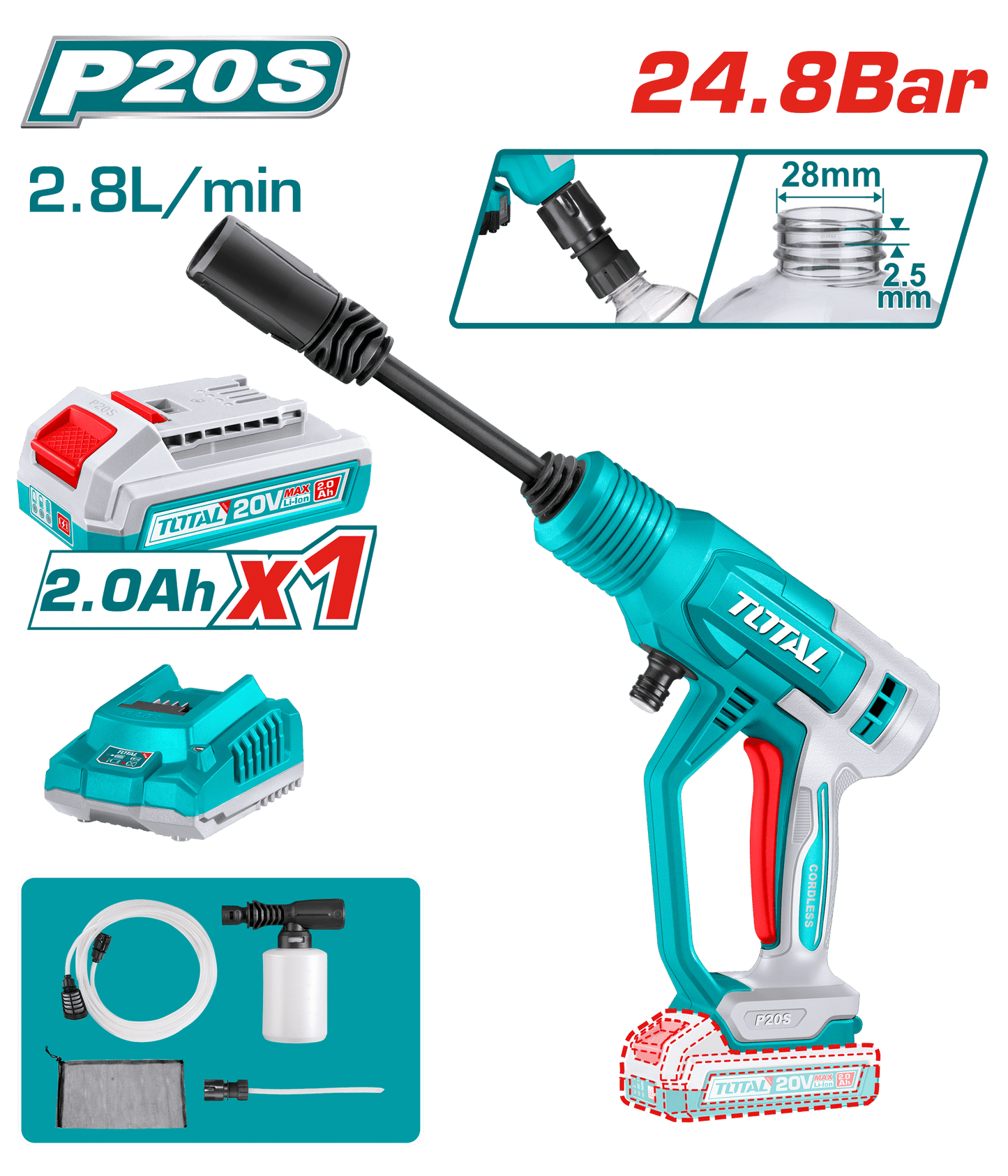 LAVADORA A PRESION LI-ION 20V 24.8BAR 2.8L/MIN 1X2.0AH + ACC