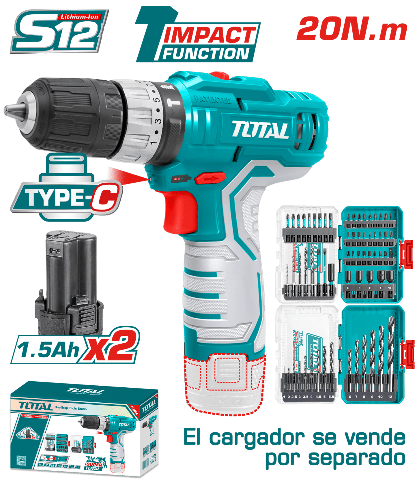 COMBO TALADRO TIPO C 20NM 2X1.5AH + SET BROCAS INDUSTRIAL