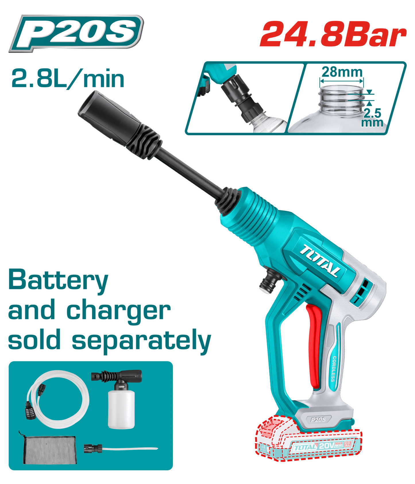 LAVADORA PRESION LI-ION 20V 24.8BAR 2.8L/MIN + ACC