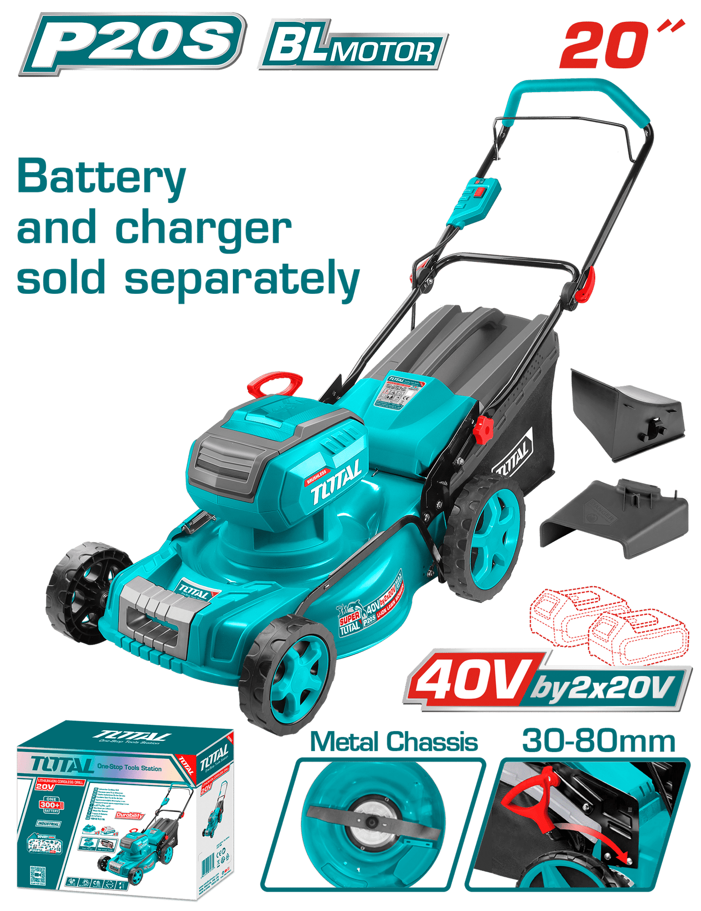 CORTA CESPED 40V (20V+20V) 2800RPM C:510MM ALT:30-80MM 8G B:60L INDUST