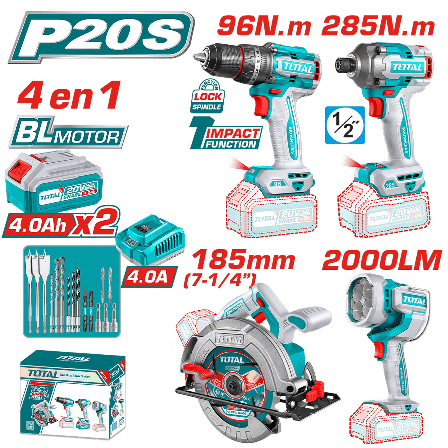 COMBO 4 EN 1 TALADRO PER. 96NM + DESTORN. IMPAC 285NM + LINTERNA + S