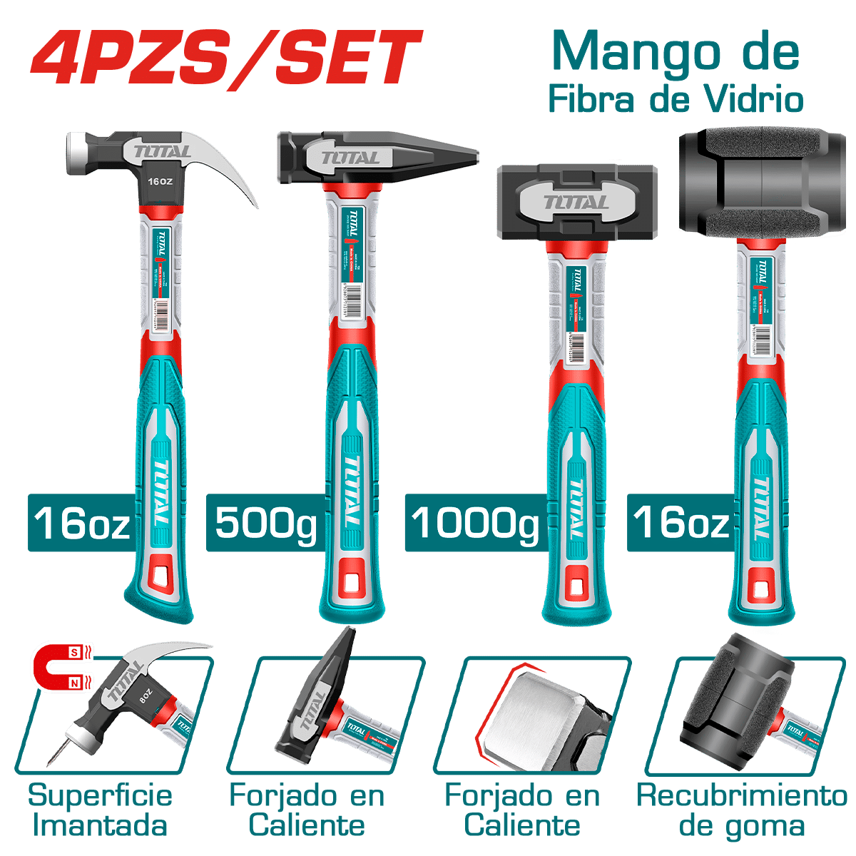 COMBO MARTILLOS C/MANGO FIBRA VIDRIO: UÑA 16OZ + MECANICO 500G + ALBAÑI