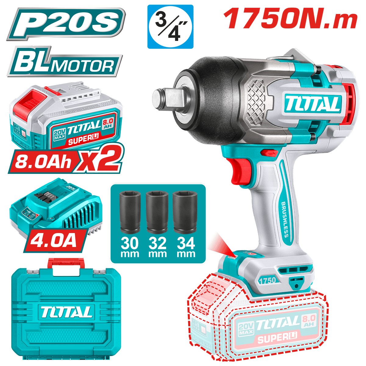 LLAVE IMPACTO BRUSHLESS 20V 1750NM 3/4'' 2200BPM 2X8.0AH MALETIN INDU