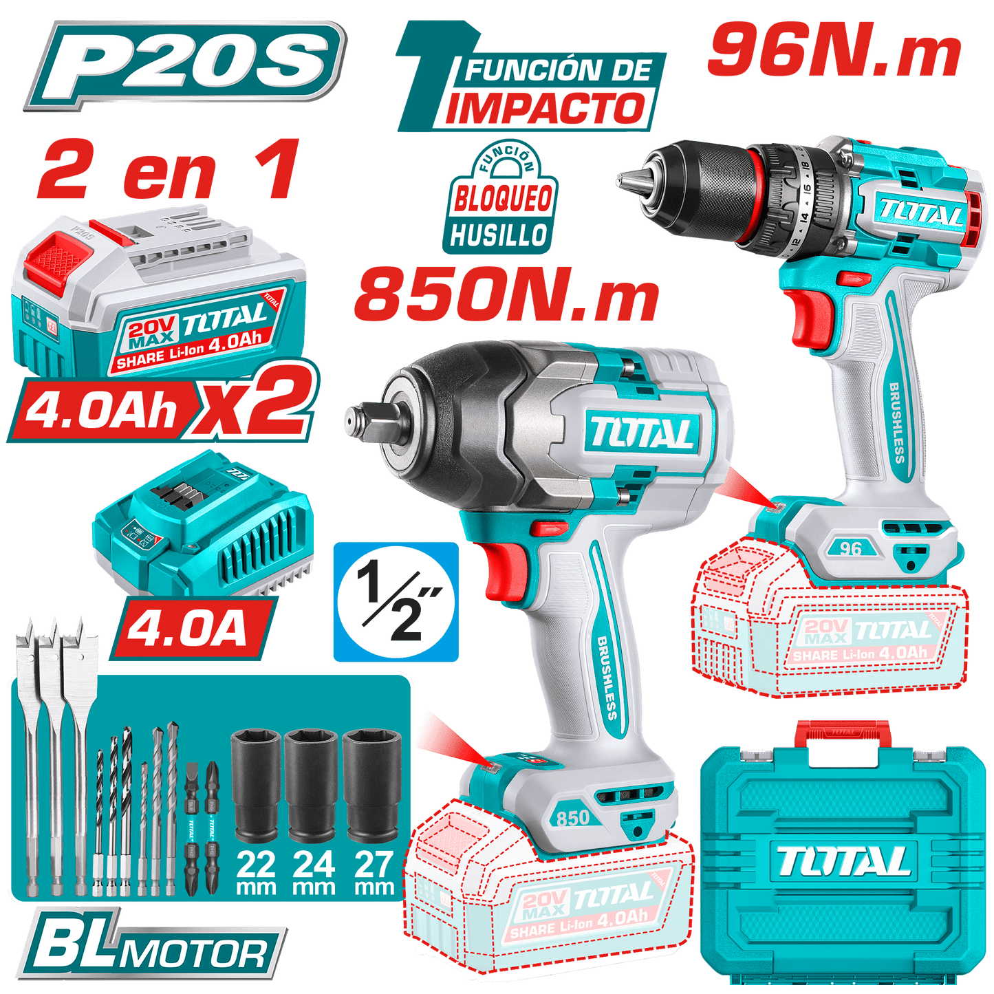 COMBO 2 EN 1 TALADRO IMPACTO 96NM + LLAVE IMPACTO 850NM 2X4.0AH + AC