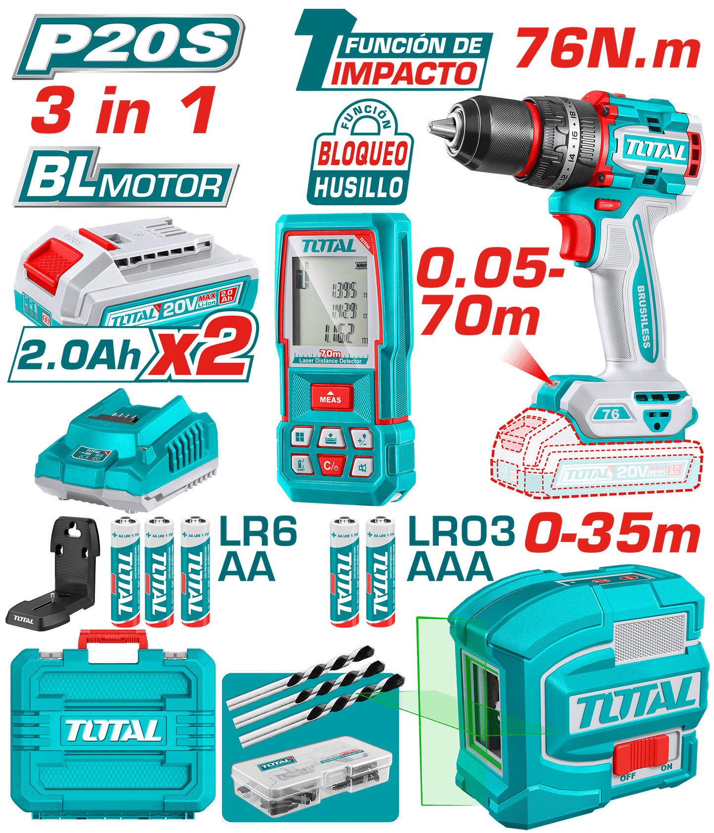 COMBO 3 EN 1 TALADRO IMPACTO 76NM + NIVEL LASER + MEDIDOR DISTANCIA