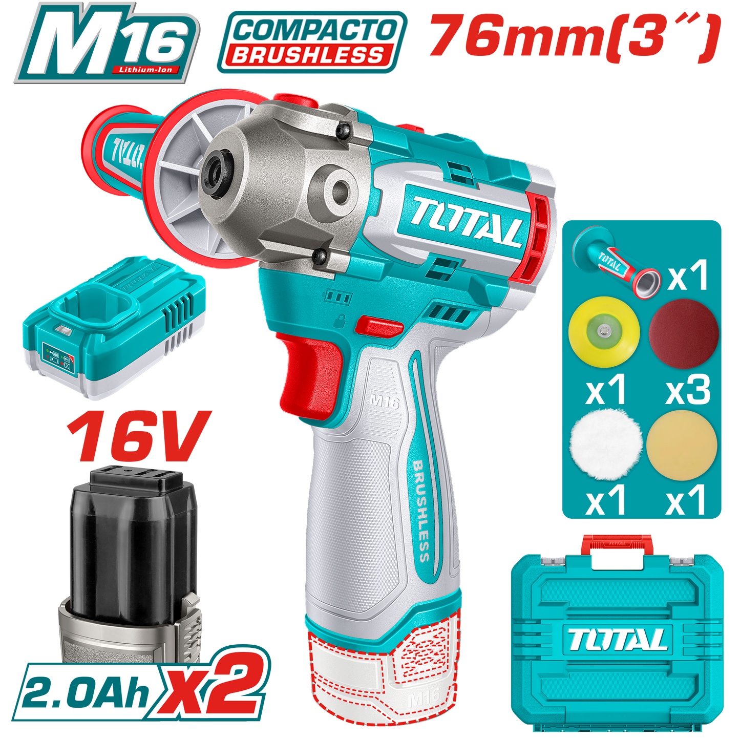 PULIDORA 16V 0-2800/0-8300RPM PAD:76MM 2X2.0AH + ACC Y MALETIN INDUSTR