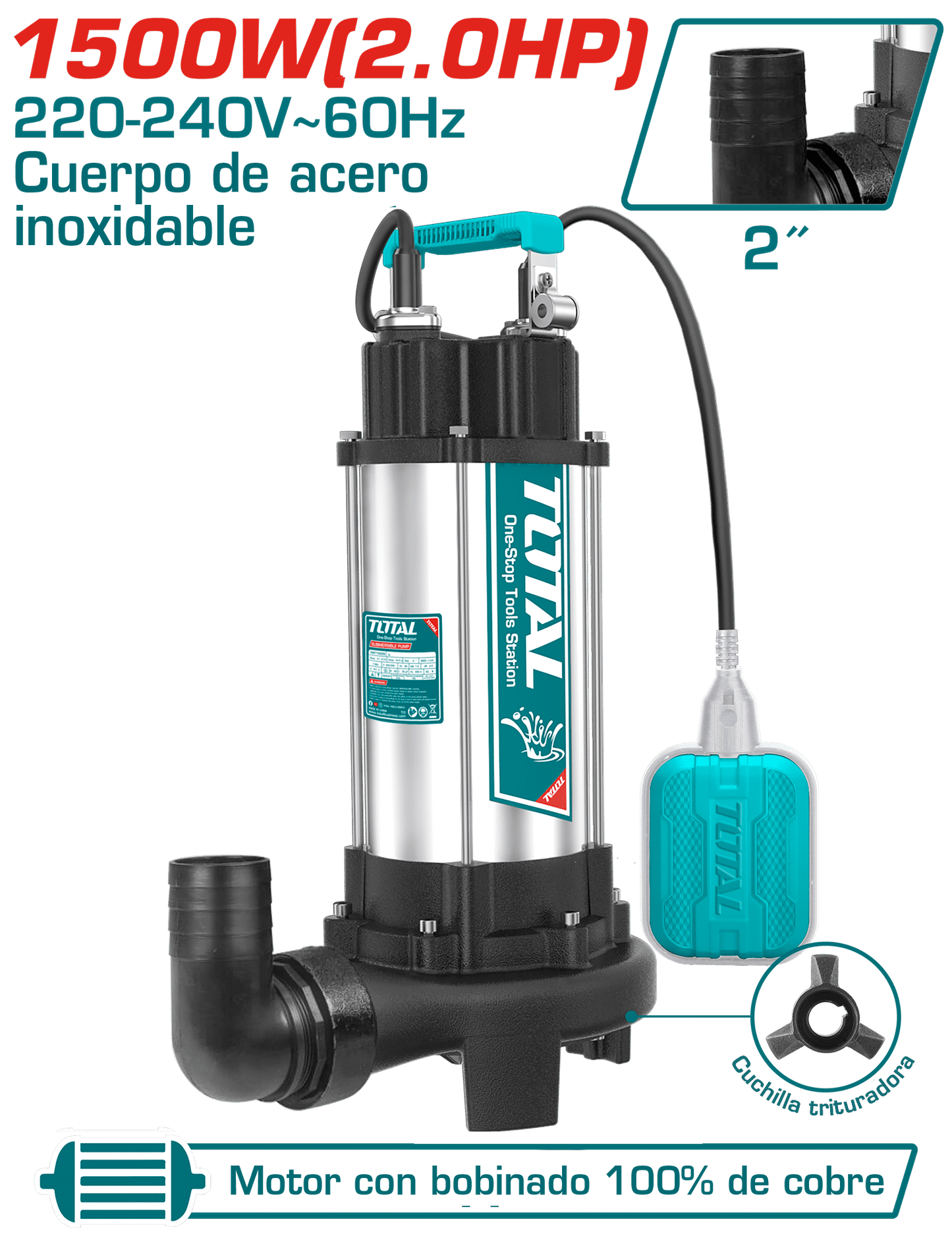 BOMBA SUMERGIBLE A/RESIDUAL AC INOX 1500W(2.0HP) H:14.5M C:350L/MIN