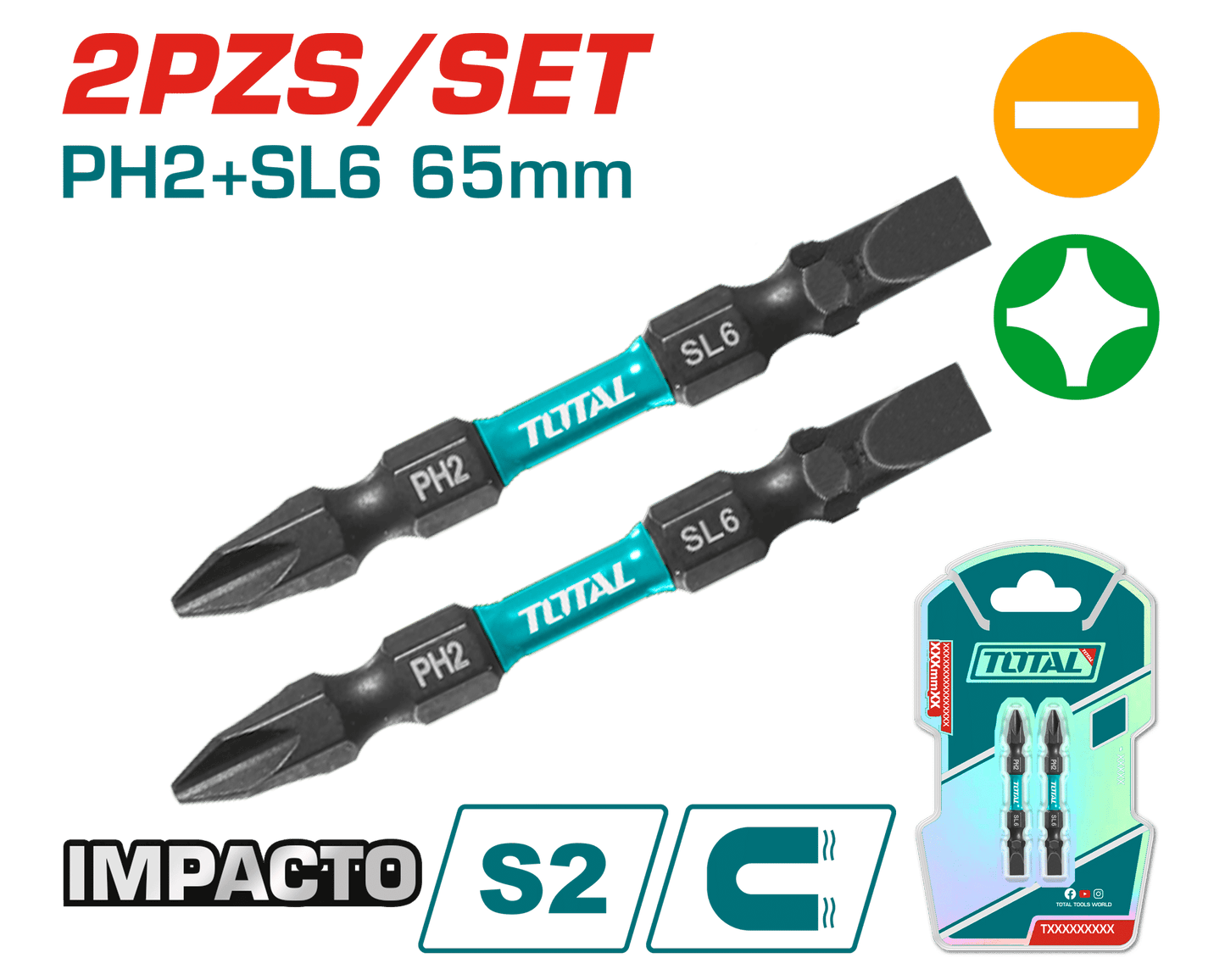 SET DE PUNTAS IMPACTO 65MM PH2+SL6 S2 MAGNETICO 2PCS DOBLE LADO IND