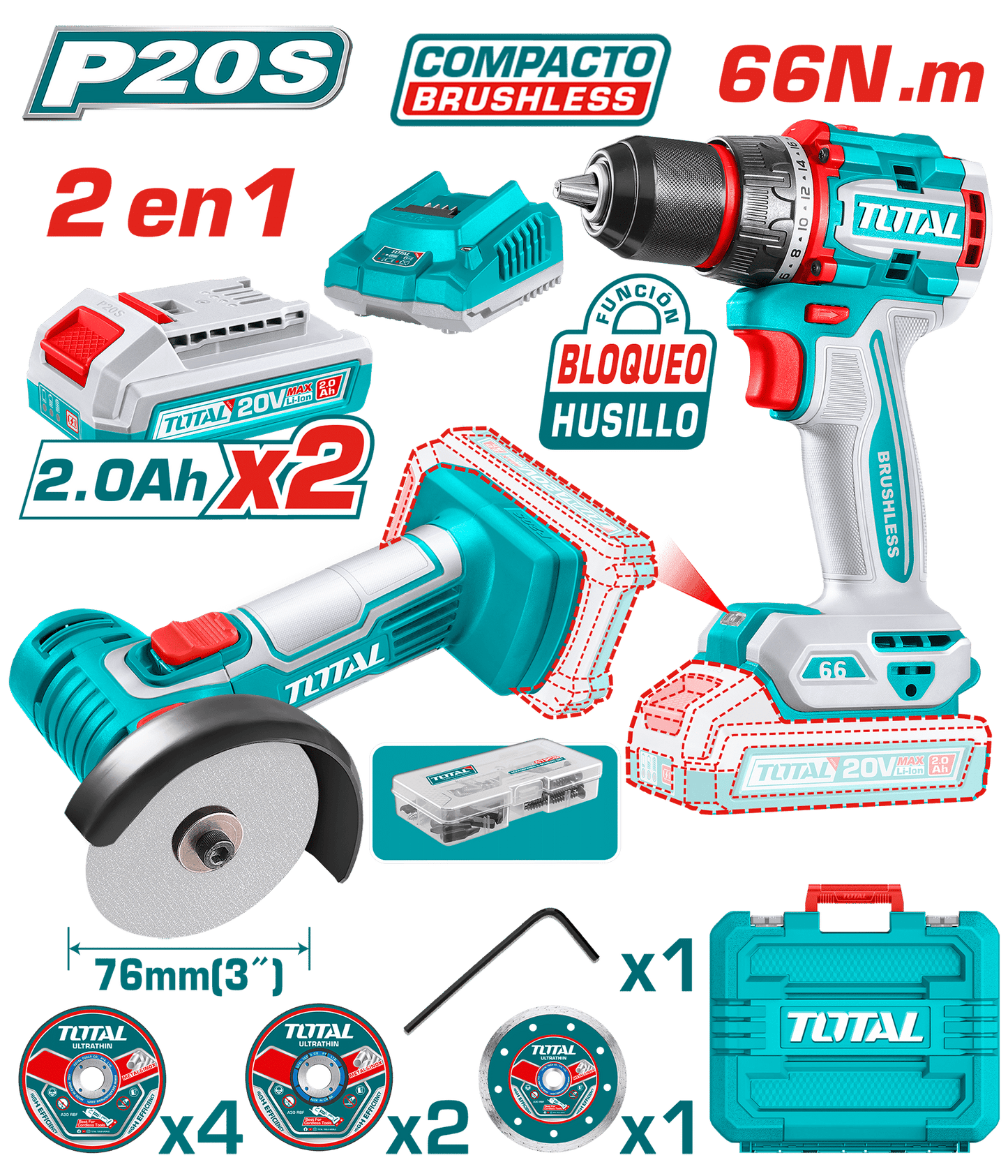 COMBO (2EN1) TALADRO 66NM + AMOLADORA 3'' 20V 2X2.0AH + ACC + MALETIN