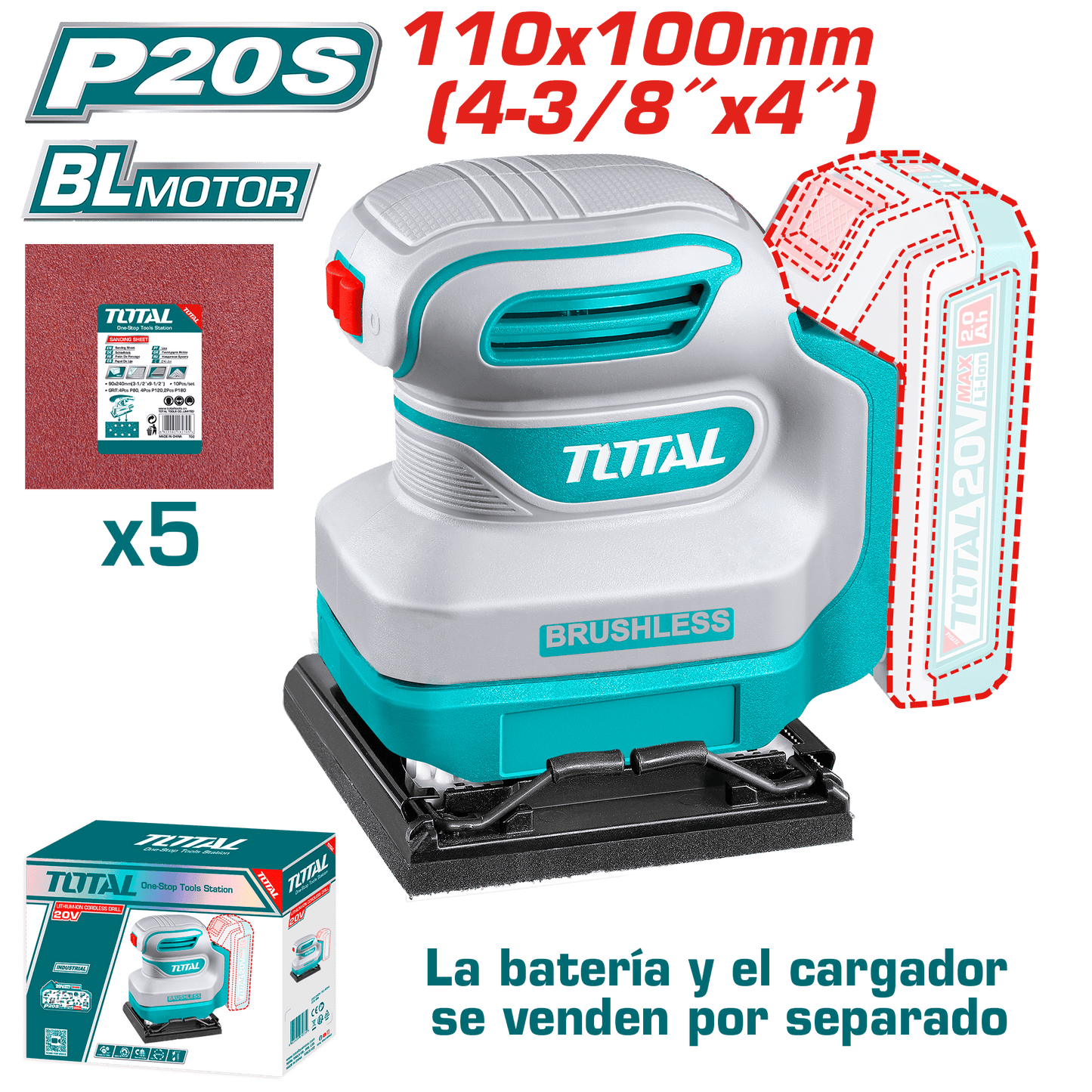 LIJADORA ORBITAL 20V BRUSHLESS 12000RPM 110X100MM + ACC INDUSTRIAL
