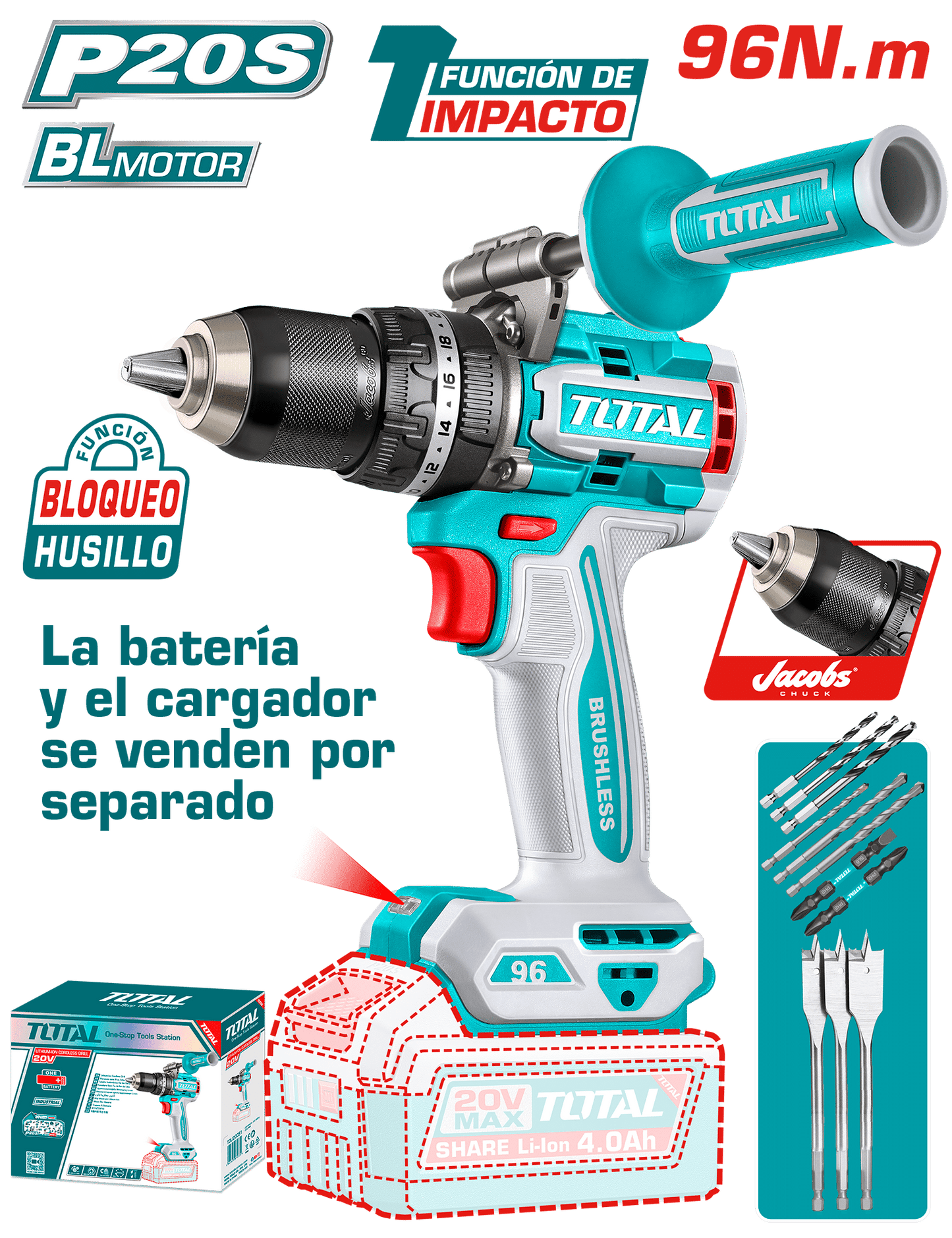 TALADRO PERCUTOR LI-ION 20V 96NM 13MM BRUSHLESS +ACC Y MANGO MALETIN
