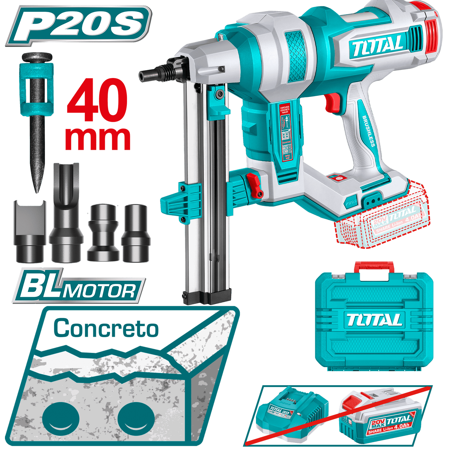 CLAVADORA CONCRETO 20V BLMOTOR R:15-40MM +1000 CLAVOS +ACC MALETIN IN