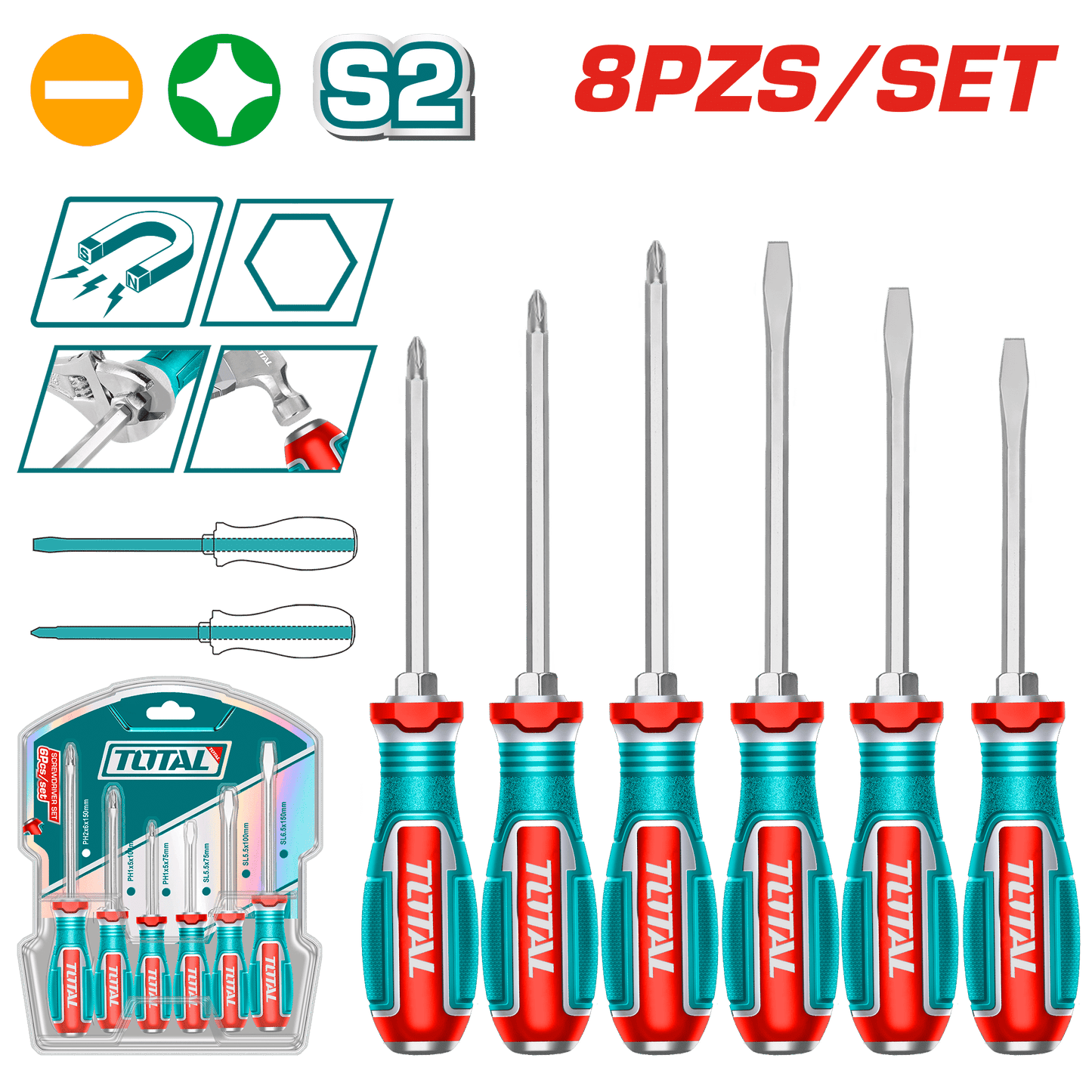 SET DESTORNILLADORES GOLPE S2 2XSL + 2XPH HEX MAG. INDUSTRIAL