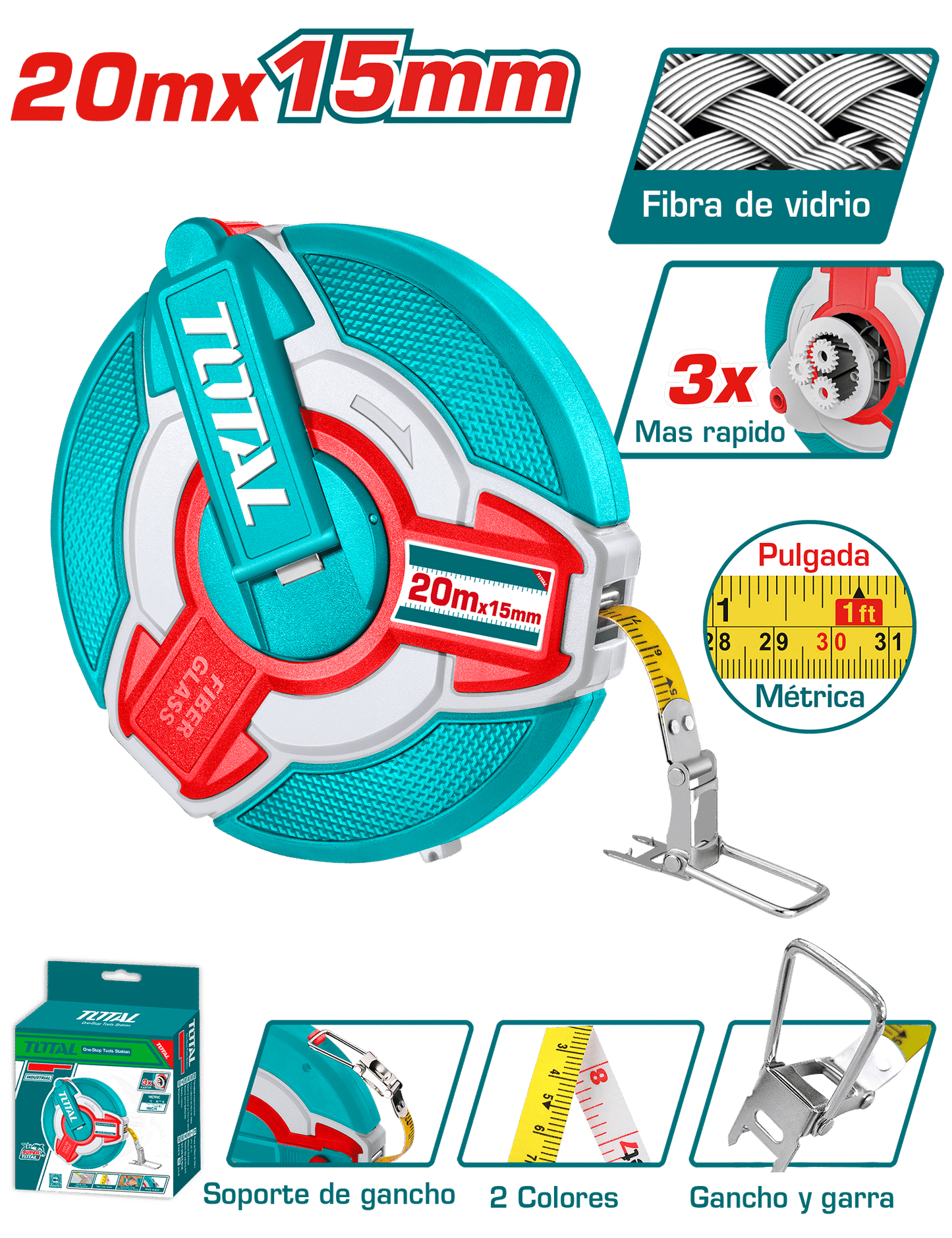 CINTA METRICA FIBRA DE VIDRIO 20M X 12.5MM + GANCHO VELOCIDADX3 INDUST