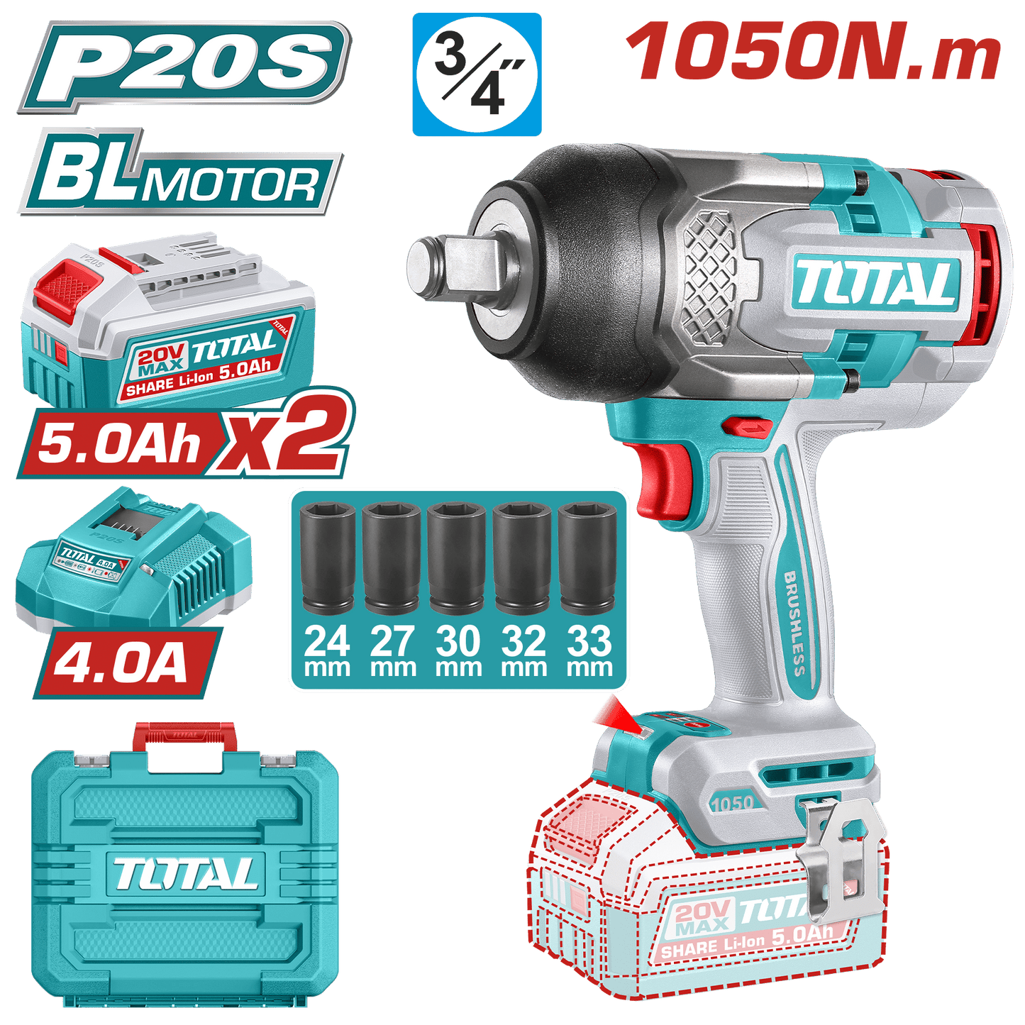 LLAVE IMPACTO 20V 1050NM 3/4'' 2200BPM BL 2X5.0AH MALETIN+ACC INDUSTR