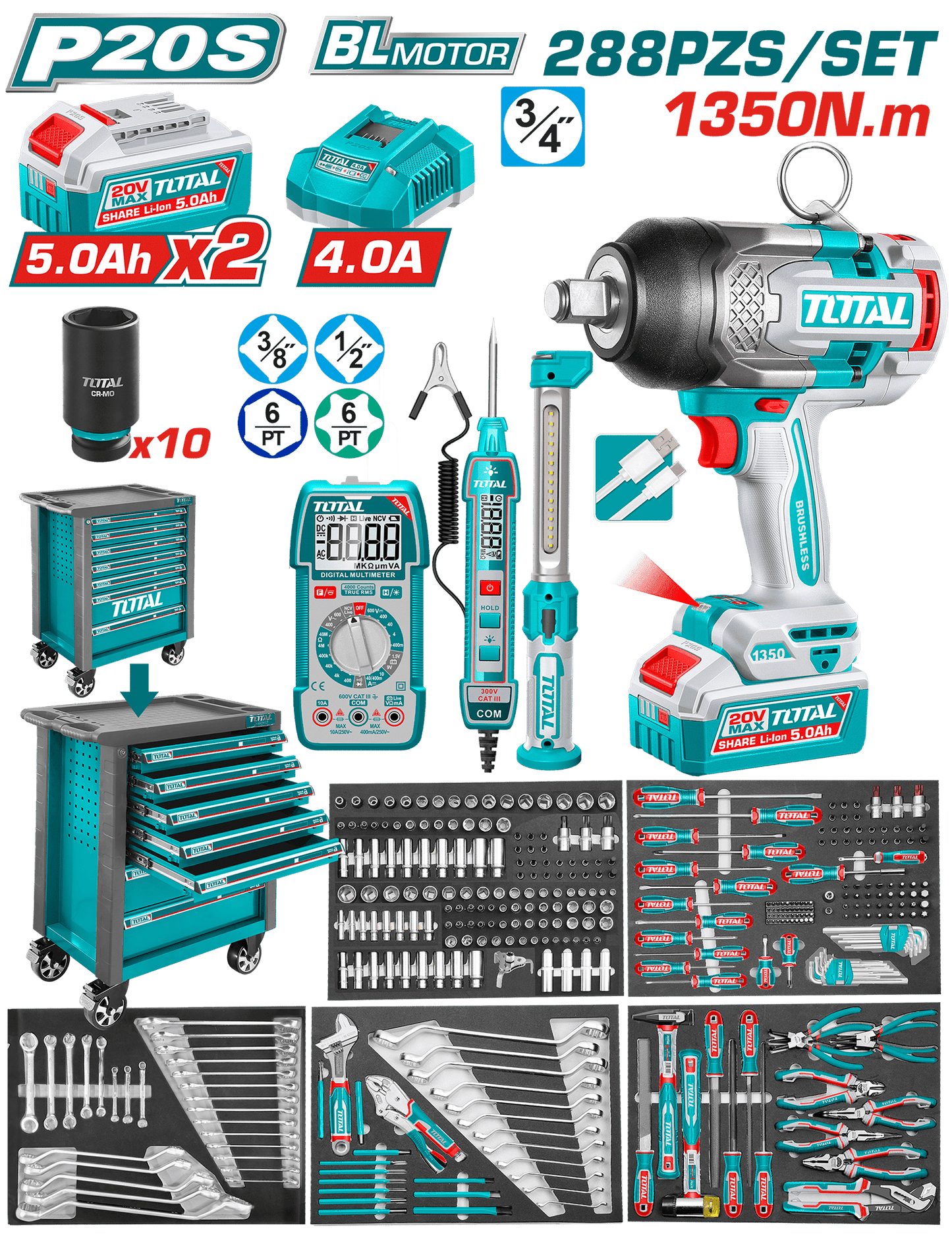 SET GABINETE 7 CAJONES + HERRAMIENTAS + LLAVE IMPACTO 20V 1350NM 288