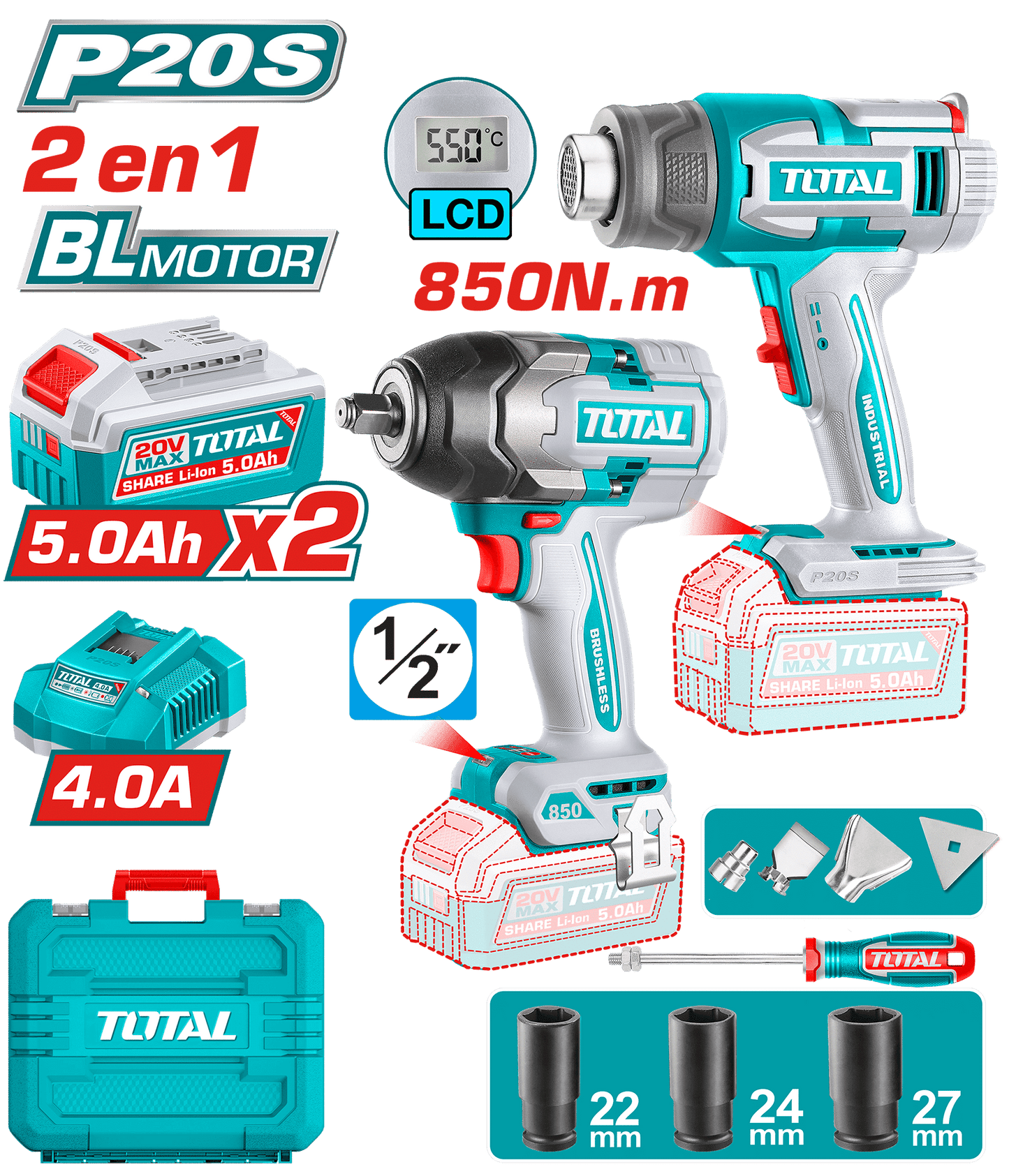 COMBO 2 EN 1 20V PISTOLA CALOR + LLAVE IMPACTO 850NM 2X5.0AH MALETIN + ACC INDUSTRIAL
